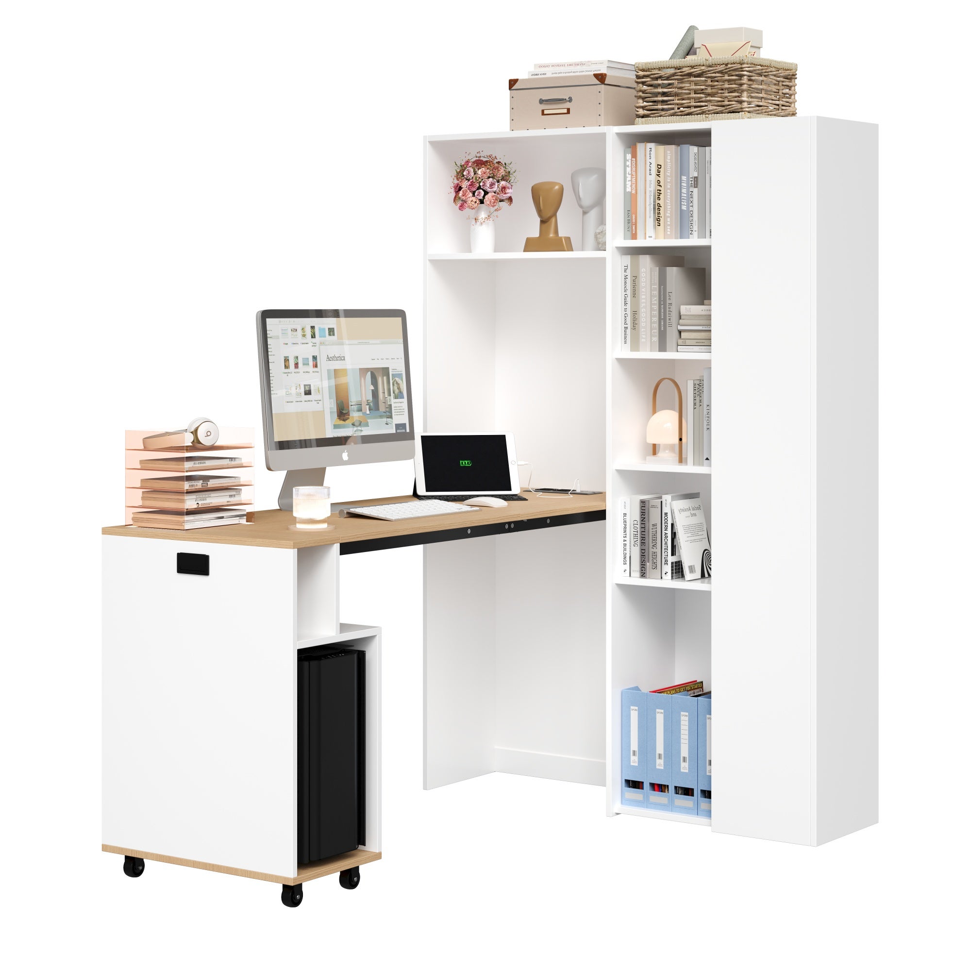 Bureau pliable avec Bibliothèque - 139 x 50 x 71 cm + 104.5 x 30.5 x 160 cm - MDF - Prises de charge et USB - Etagères réglables - Blanc - 8