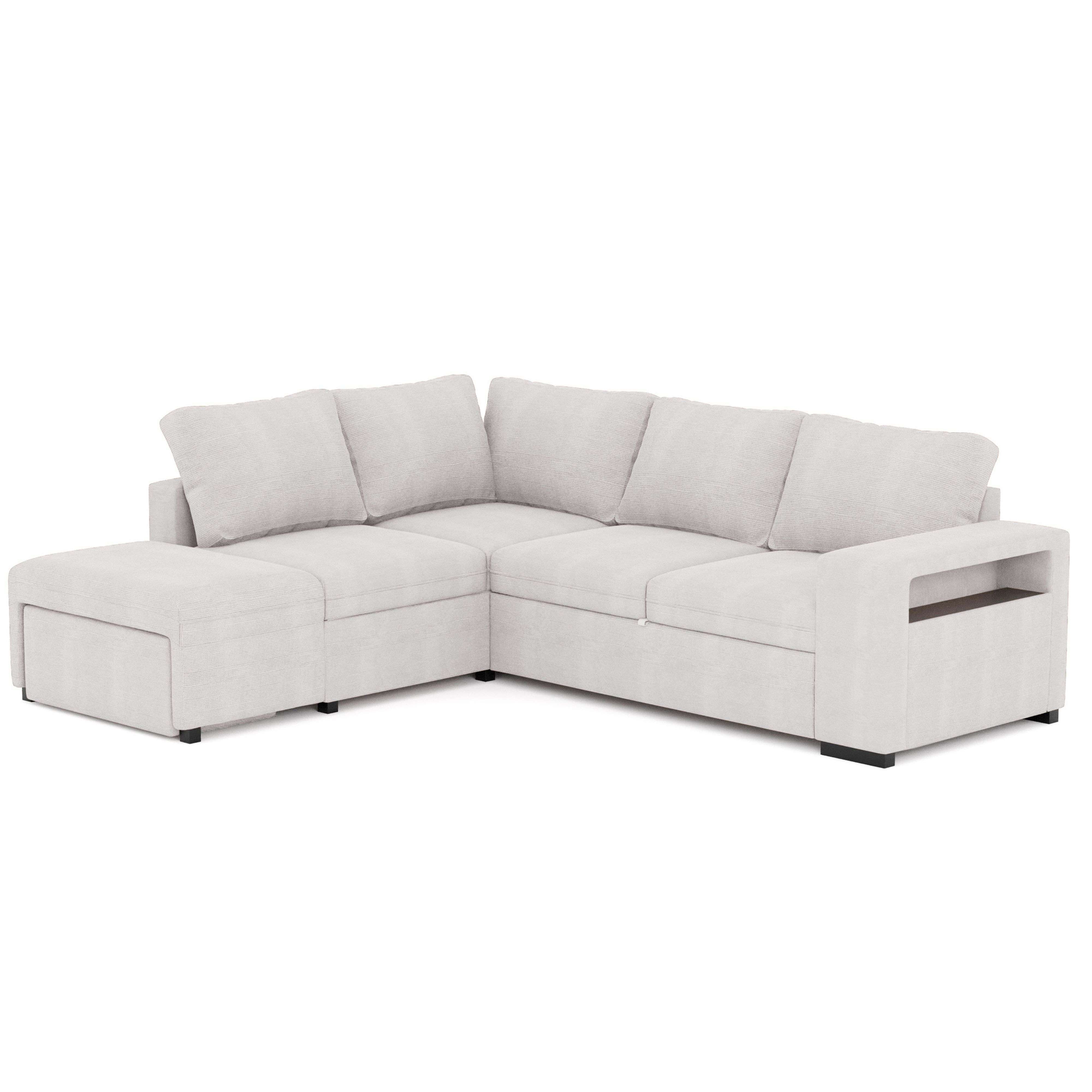 Sofá cama romeo chaiselongue con arcón, puf y estante estilo contemporáneo en color beige 249 cm