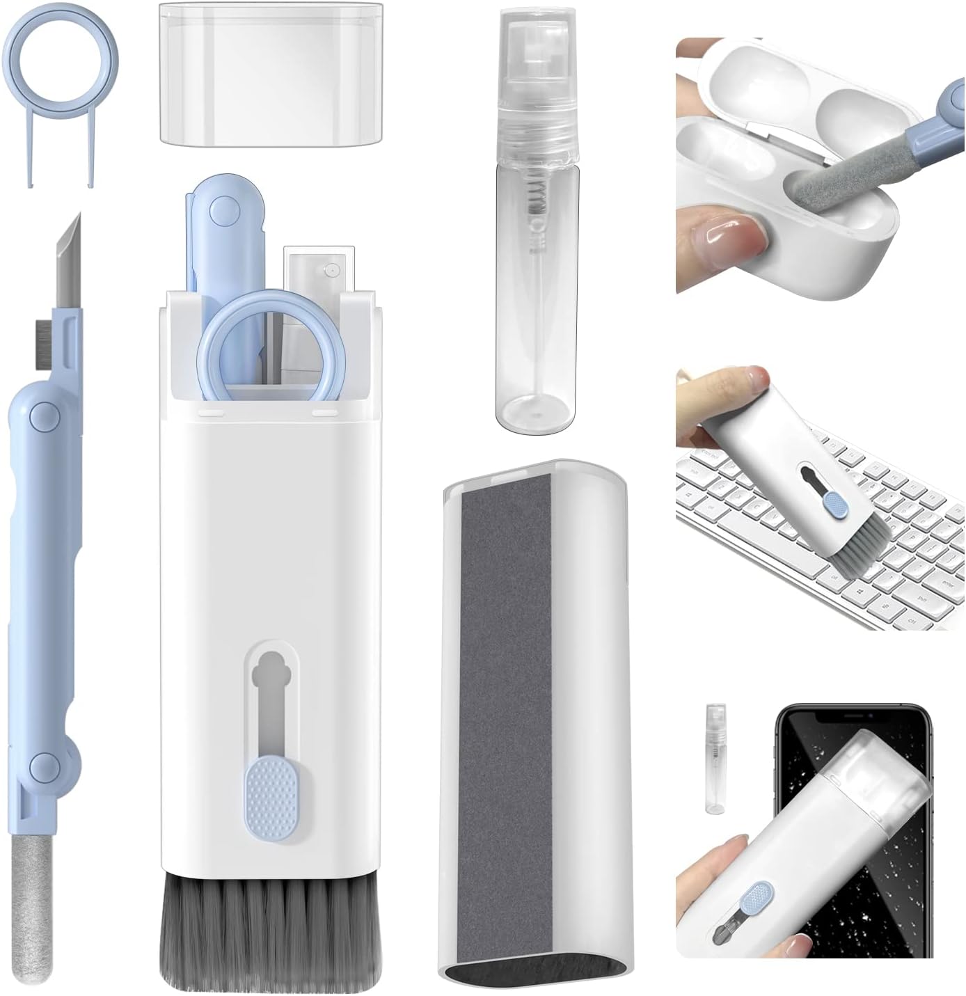 (Niebieski) Elektroniczny zestaw czyszczący 7 w 1, zestaw do czyszczenia klawiatury ze szczoteczką, pióro czyszczące do Airpods Pro, odpowiednie dla