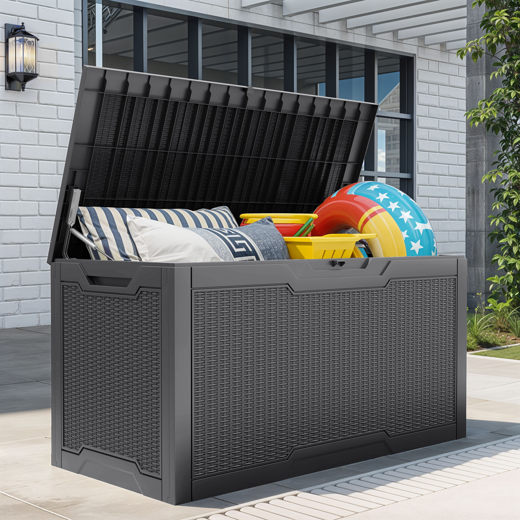 Coffre de jardin BALCONERA - 380 L - Coffre de rangement extérieur en plastique avec poignées et couvercle - Noir - 3