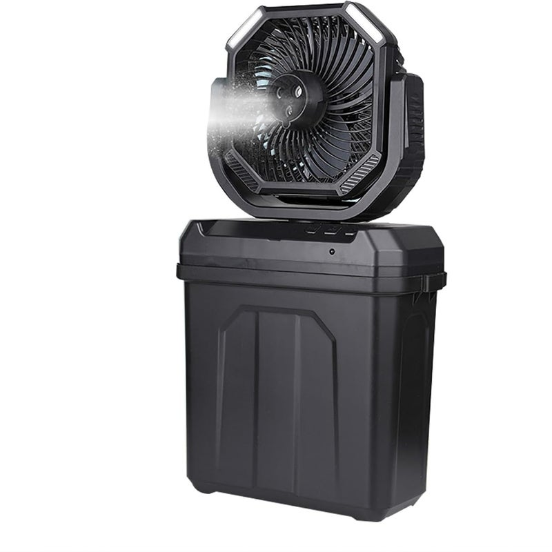 Akumulatorowy, przenośny wentylator zraszający do użytku na zewnątrz, kempingowy opryskiwacz chłodzący, wiadro 6 l, 3 dysze, czarny