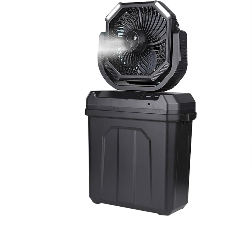 Akumulatorowy, przenośny wentylator zraszający do użytku na zewnątrz, kempingowy opryskiwacz chłodzący, wiadro 6 l, 3 dysze, czarny