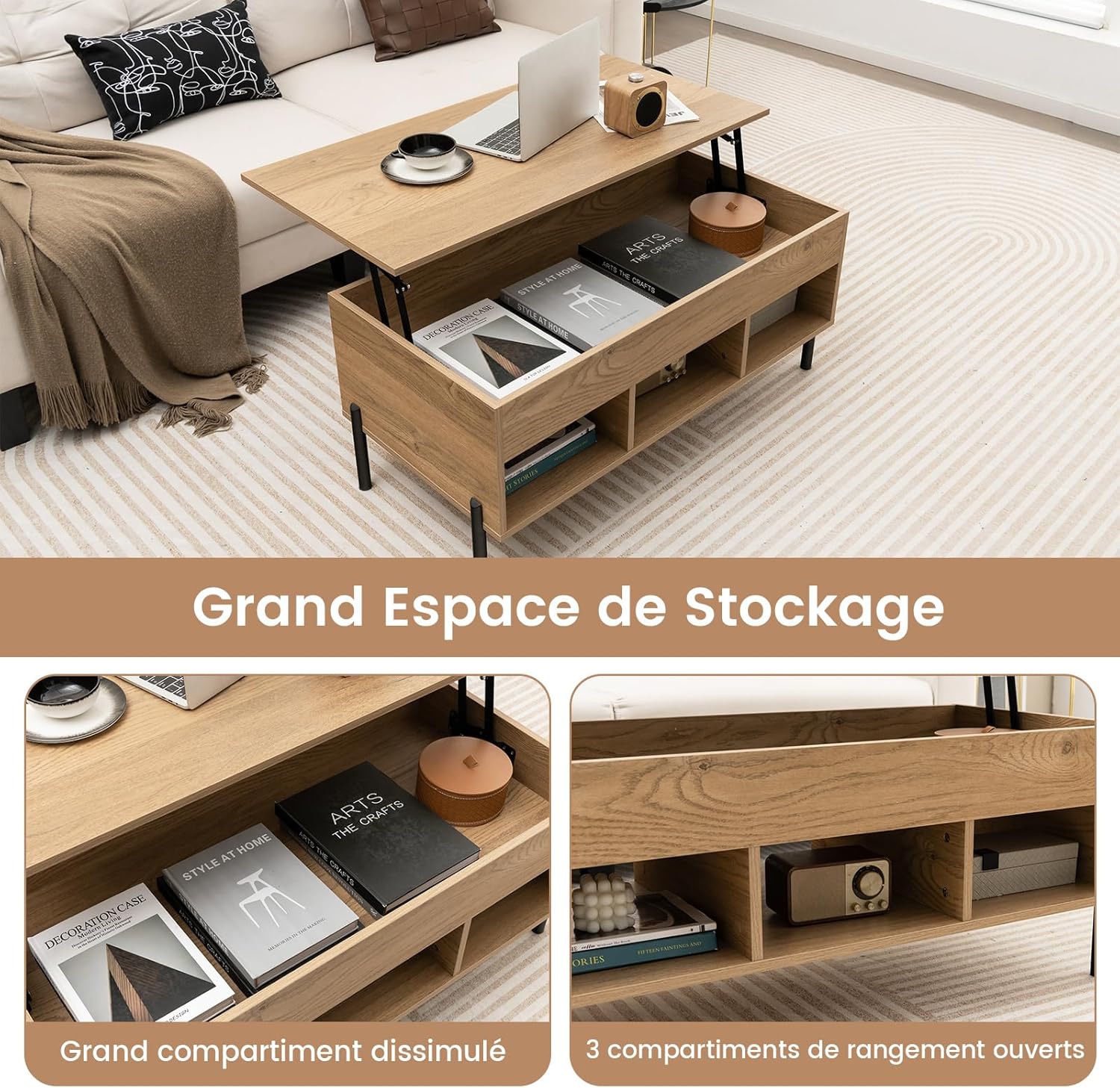 Tavolino da Caffè Sollevabile, Tavolo da Salotto con Piano Sollevabile, Ampio Comparto Nascosto e 3 Scomparti Aperti, Tavolo da Cocktail con G - 3