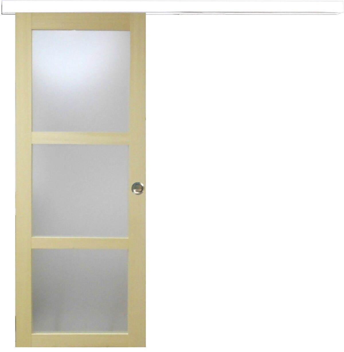 Porte Coulissante Bois Ayous Vitree H204 X L83 + Rail Alu Bandeau Blanc ...
