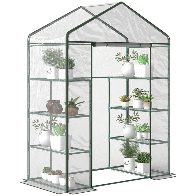 Serre de jardin - Outsunny - étagères 4 niveaux balcon porte zippée enroulable fleurs - acier - 143x73x195cm - transparent
