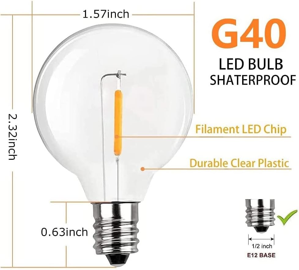 Lot de 20 ampoules LED G40 de rechange avec culot à vis E12 incassables pour guirlandes lumineuses solaires - 2