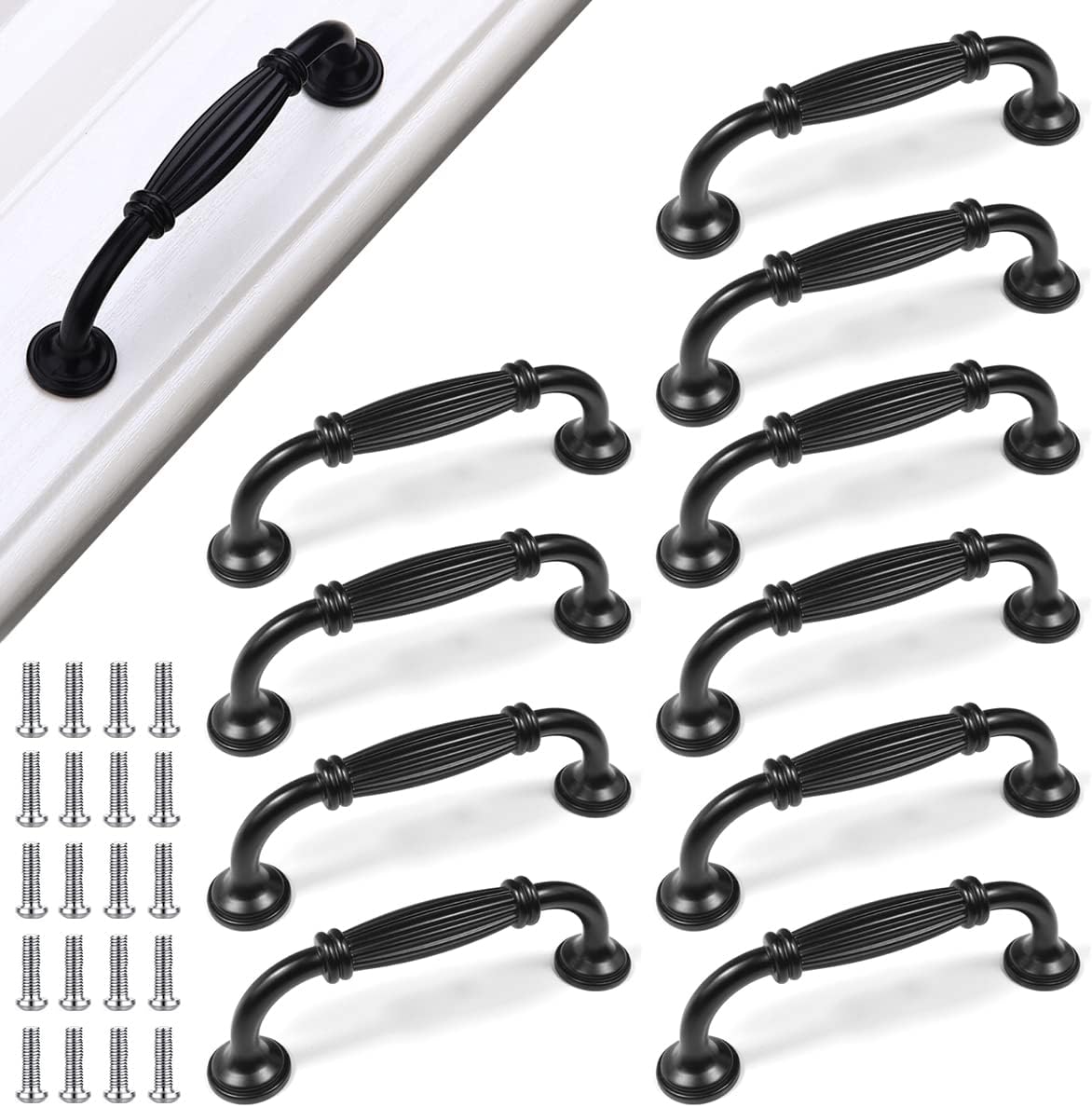 Opakowanie 10 czarnych uchwytów meblowych, aluminiowych do kuchni, szuflad, szafek, rozstaw otworów 96 mm, do biurek, szafek