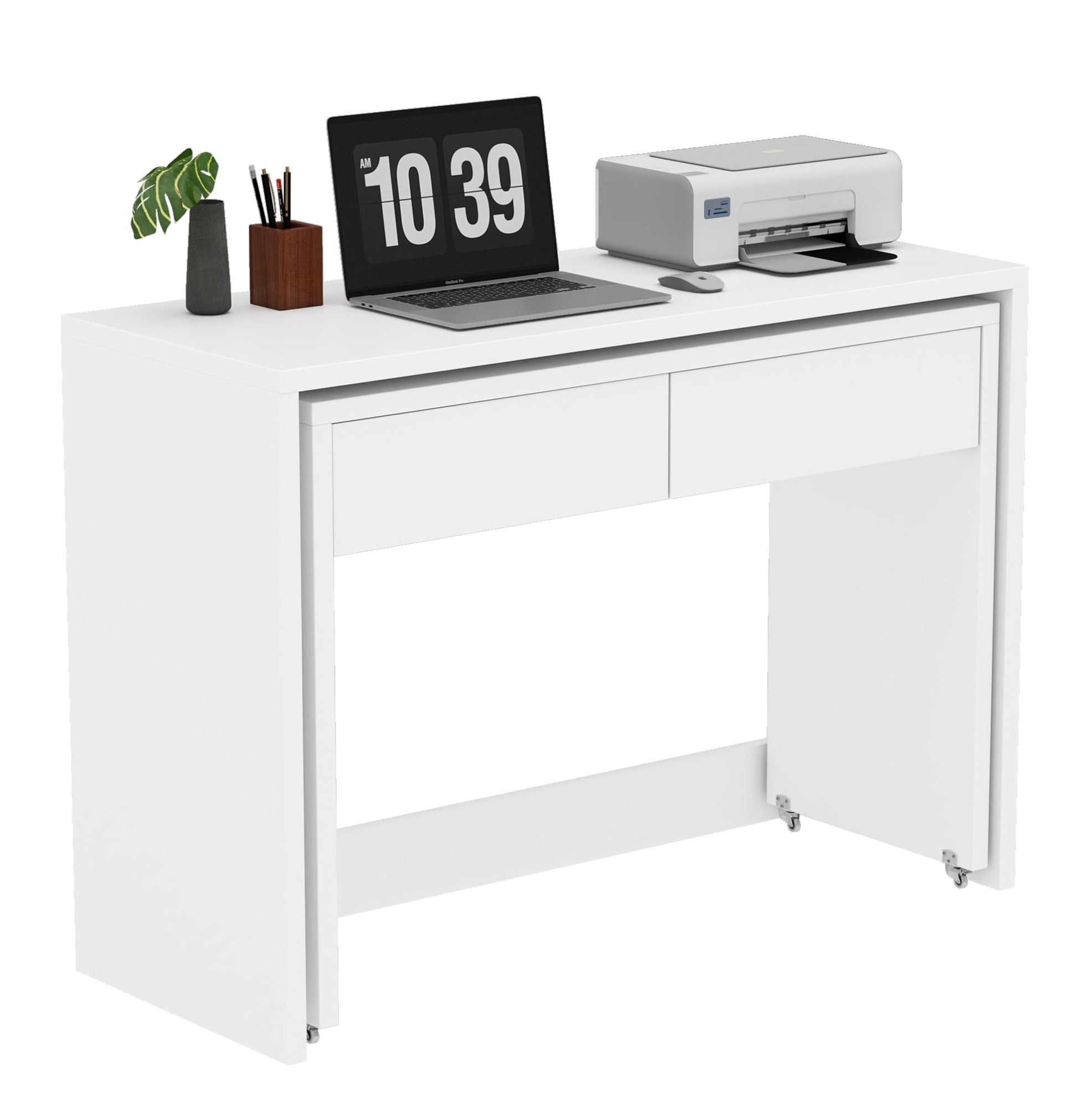 Bureau extensible 2-en-1 110x40x78 cm avec 2 tiroirs et roulettes, en ...