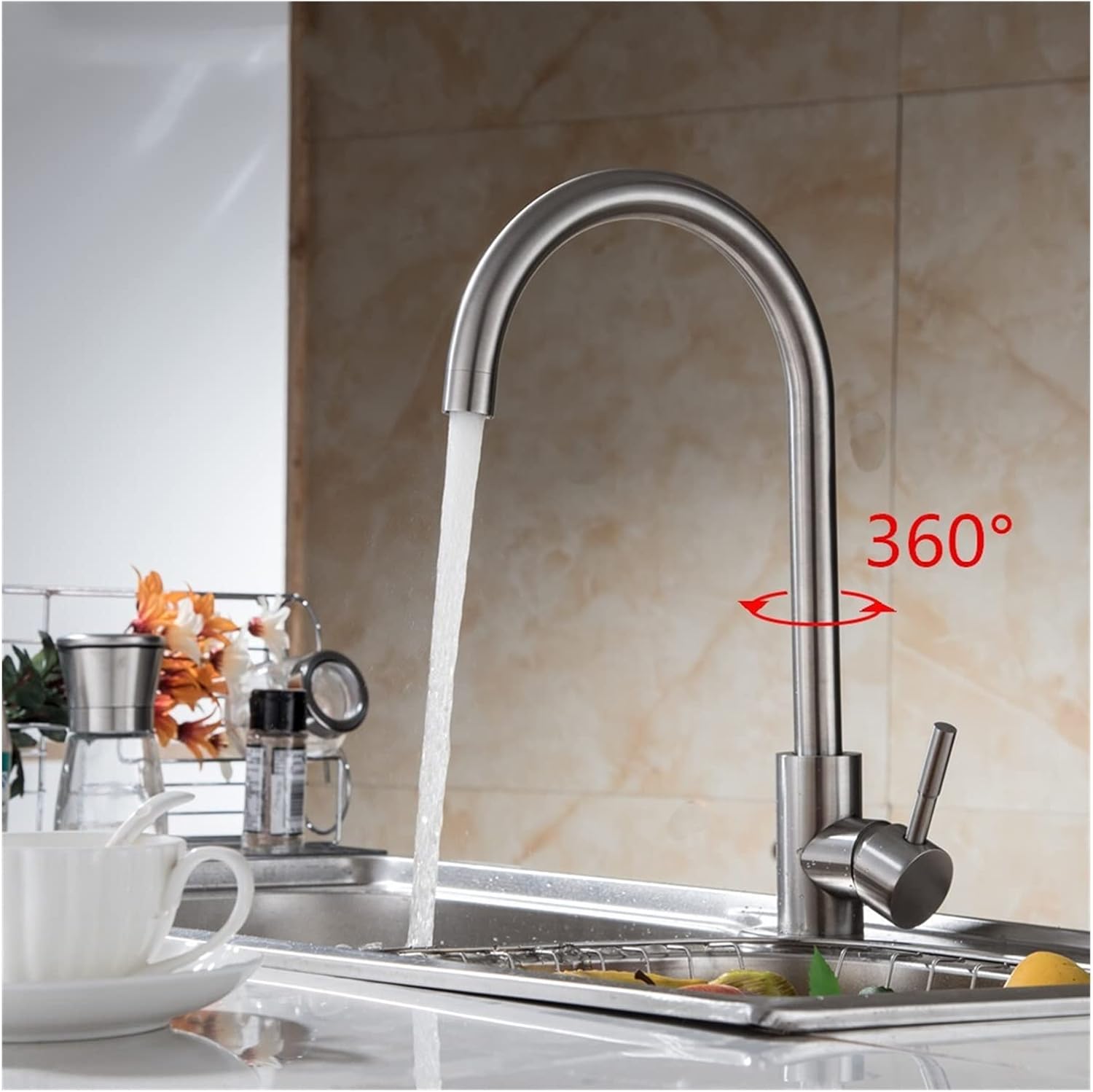 Miscelatore per lavello da cucina in acciaio inox per acqua calda e fredda (355 mm) - 3