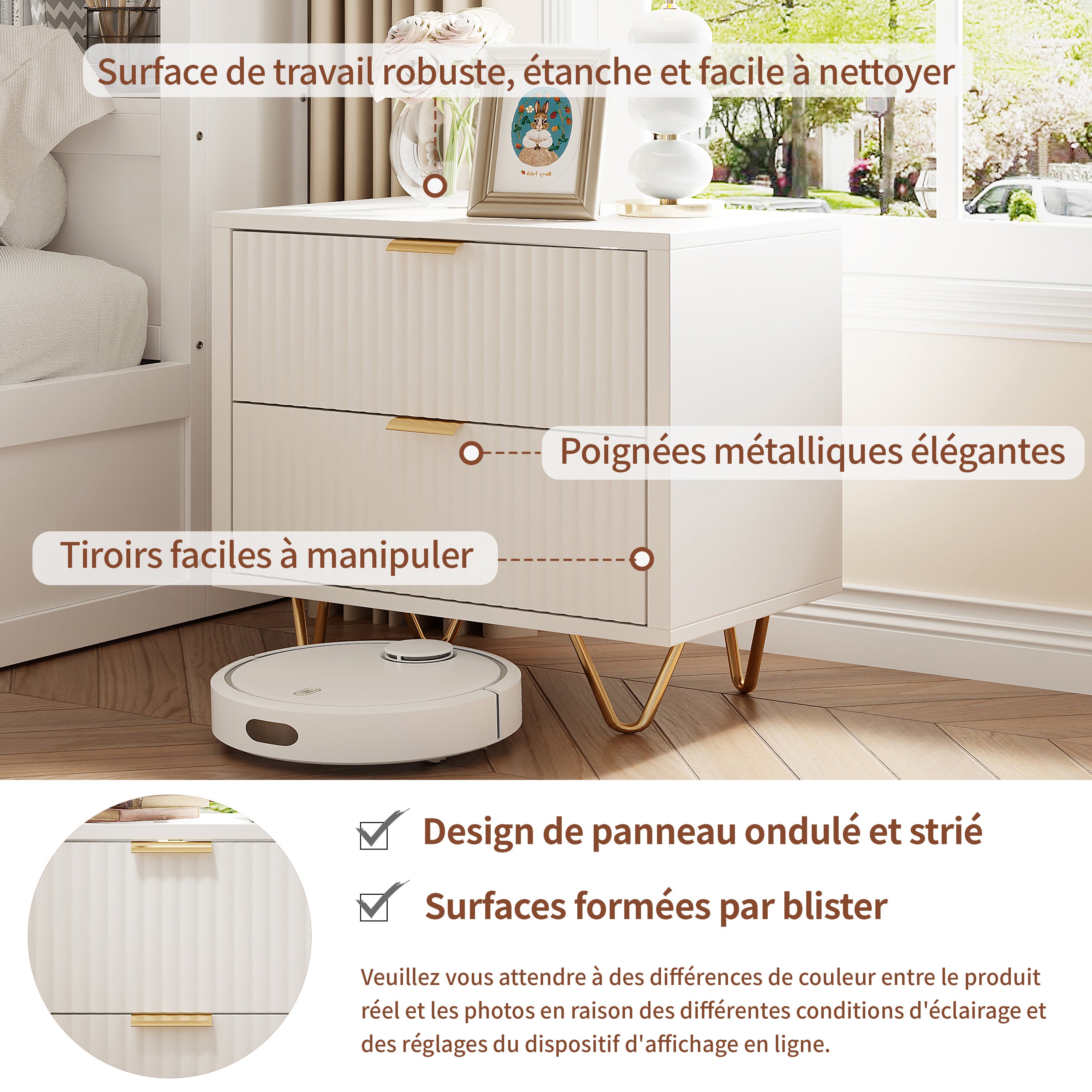 Lot de 2 tables de chevet, 2 tiroirs, façade ondulée, poignées en métal, pieds en acier inoxydable - L.40 x P.40 x H.55 cm - style scandinave - blanc - 6