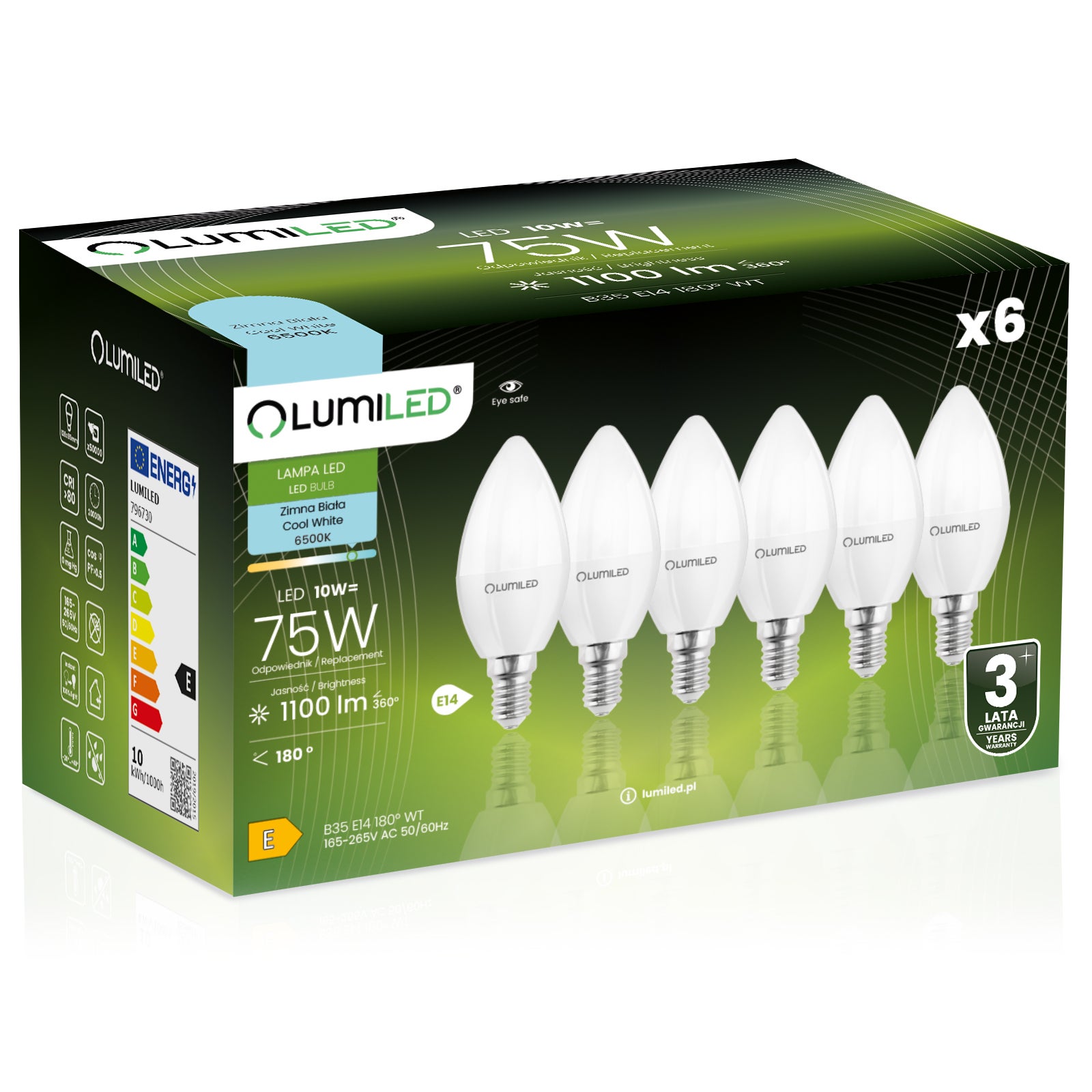 Żarówka LED Lumiled E14 B35 10W 1055lm 6500K Zimna biel 180st 6 szt.
