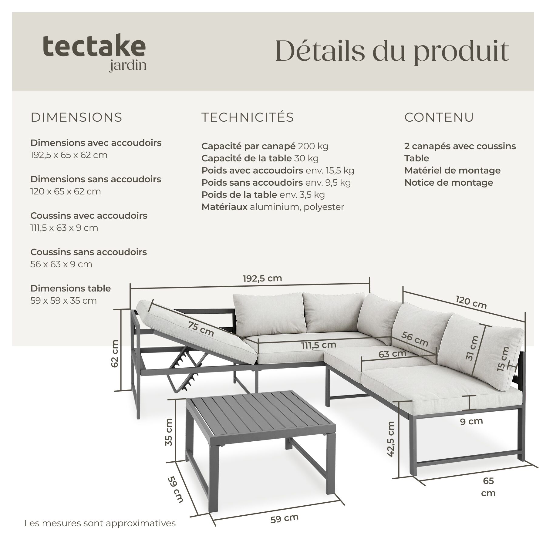 Salon bas de jardin en Aluminium Gris 4 personnes - 6