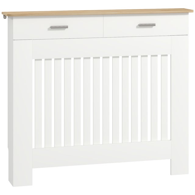 Cache-radiateur lattes anti-basculement tiroir rangement bois 112x19x97 cm blanc
