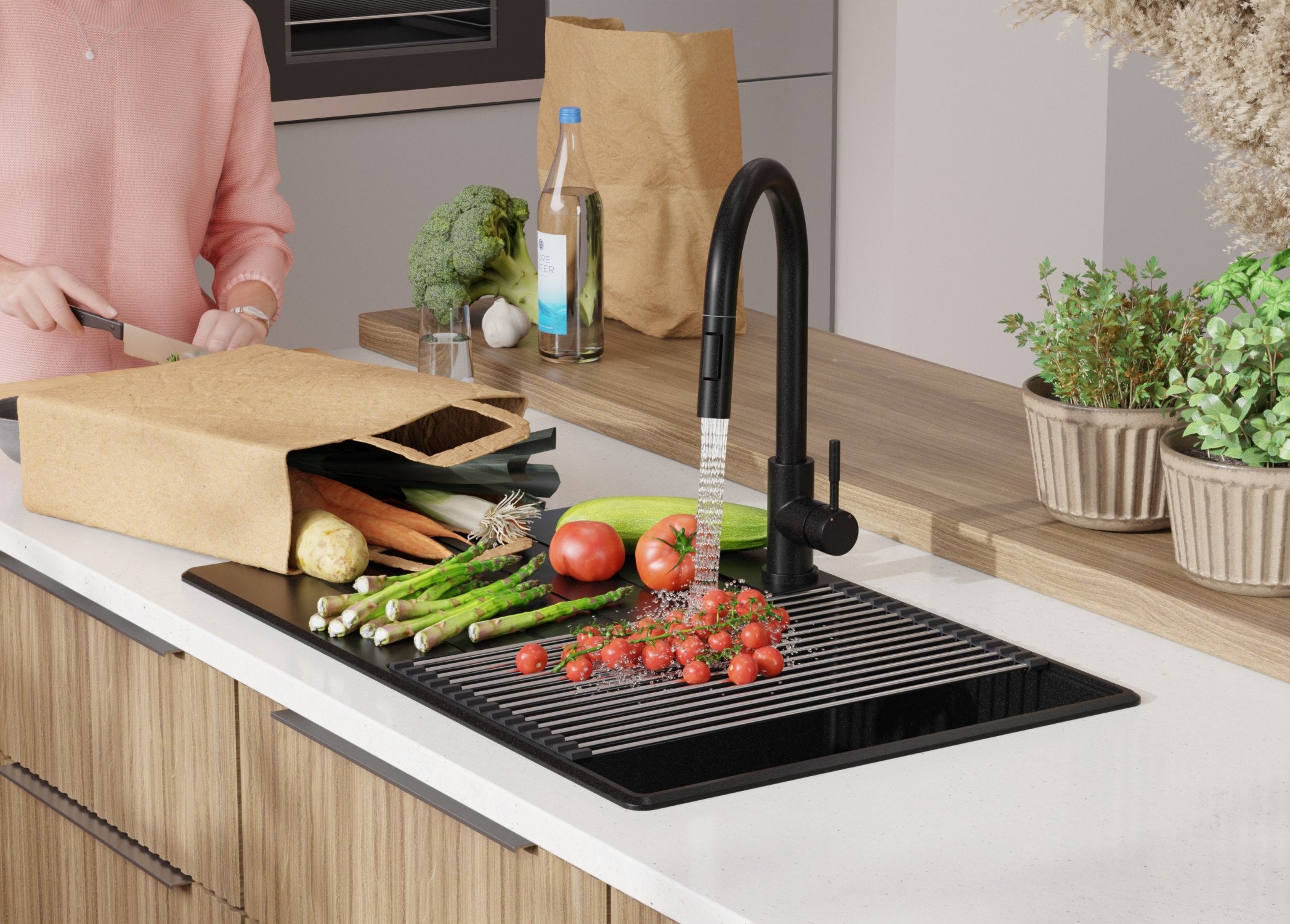 Evier Cuisine en Granit Noir 78x50cm, Lavabo 1 bac + Kit de Vidage + Planche à Découper, Évier à Encastrer au meuble 50cm - Copenhague PRIMAGRAN - 8