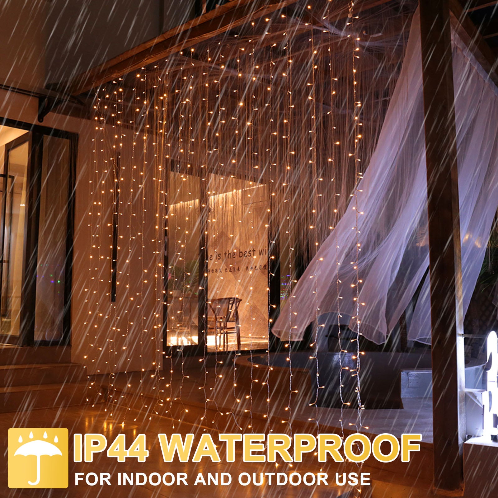 Luci per tende Catena Luminosa 3x3m, 300 LED Bianco Caldo 8 Modalità con Memoria, Timer Auto IP44, Collegabile per Interni ed Esterni 2 confezioni - 8