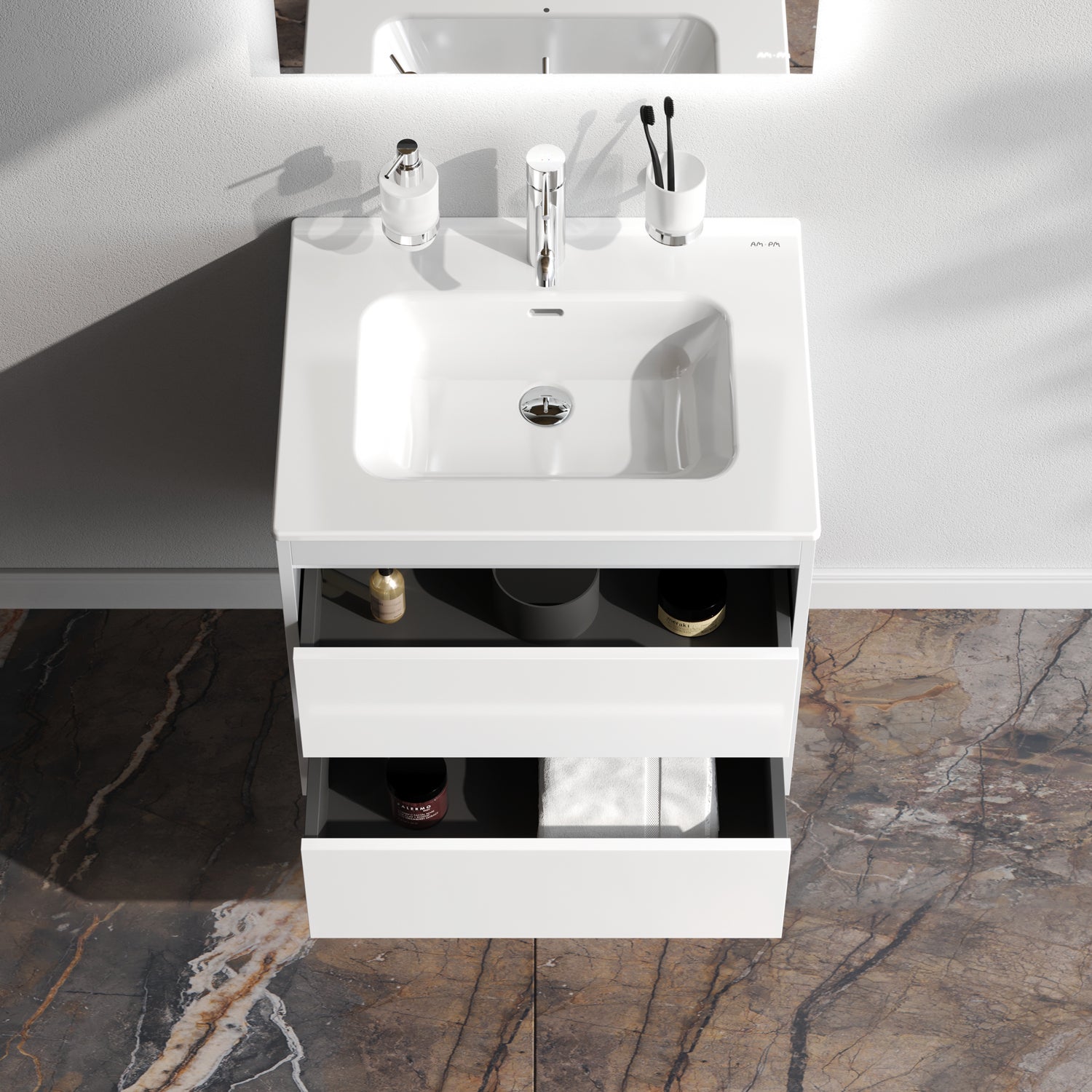 Meuble salle de bains avec Vasque en Céramique Meuble simple vasque suspendu 60cm effet bois clair avec lavabo intégré, 2 tiroirs, design, Blanc AM.PM - 3