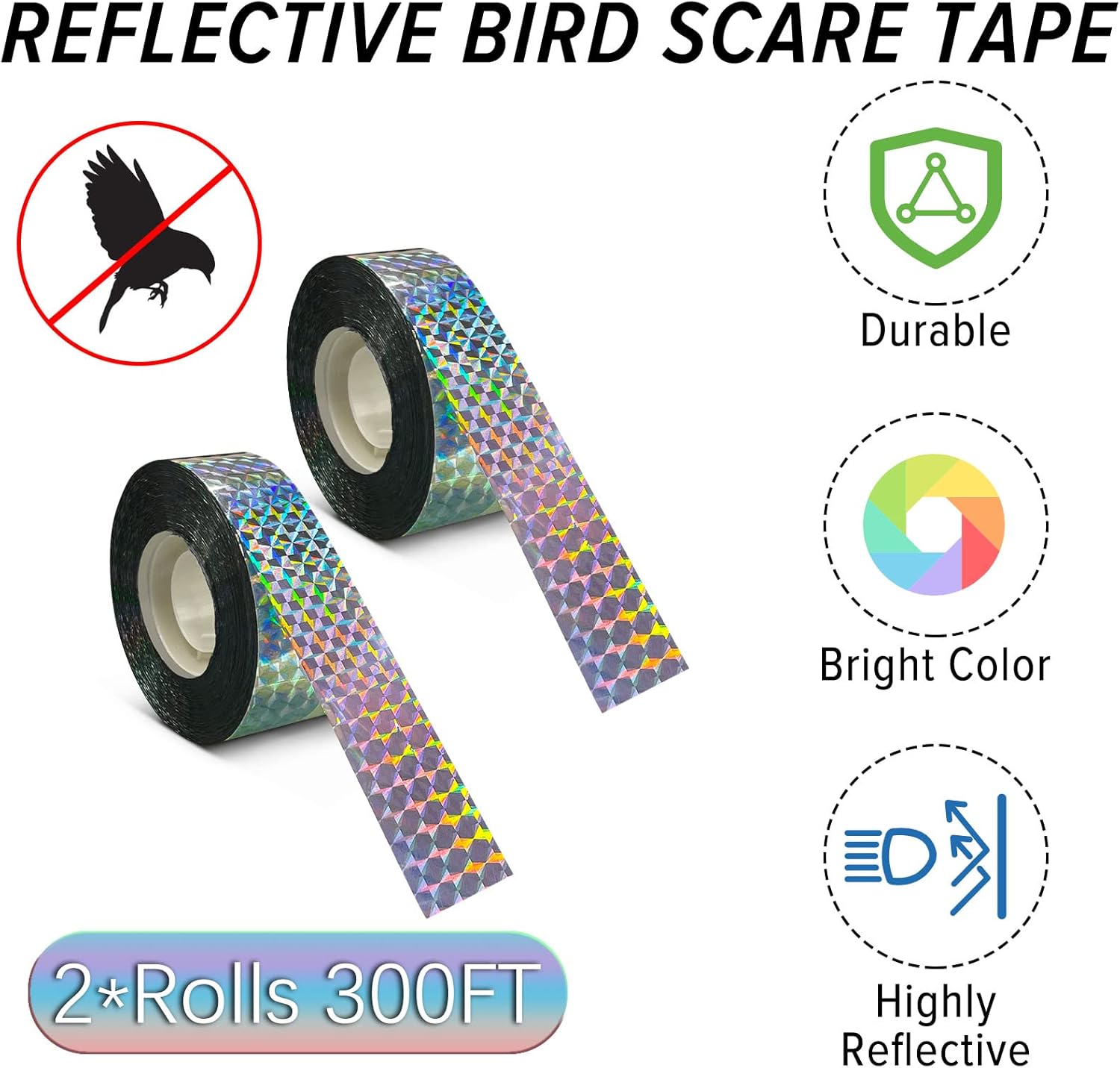 Pacote com 2 fitas antirradiação para pássaros, fita refletiva dupla face para jardins e pomares - 2