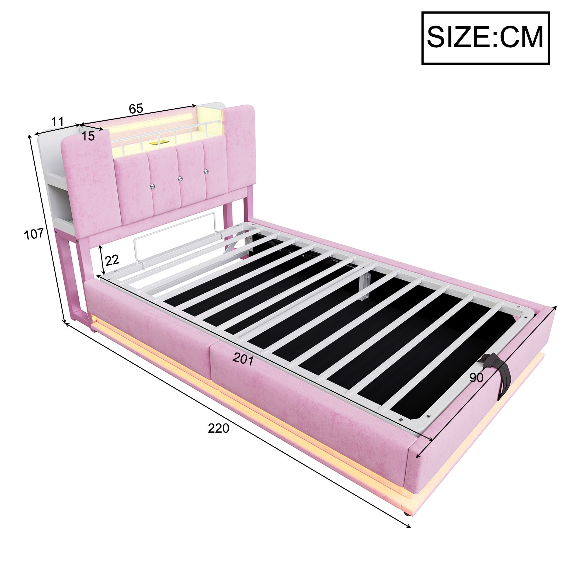 Łóżko z pojemnikiem na pościel 90 x 200 cm i zagłówkiem - Tkanina aksamitna - Diody LED - Porty USB - Różowe (Materac nie jest dołączony) - 7