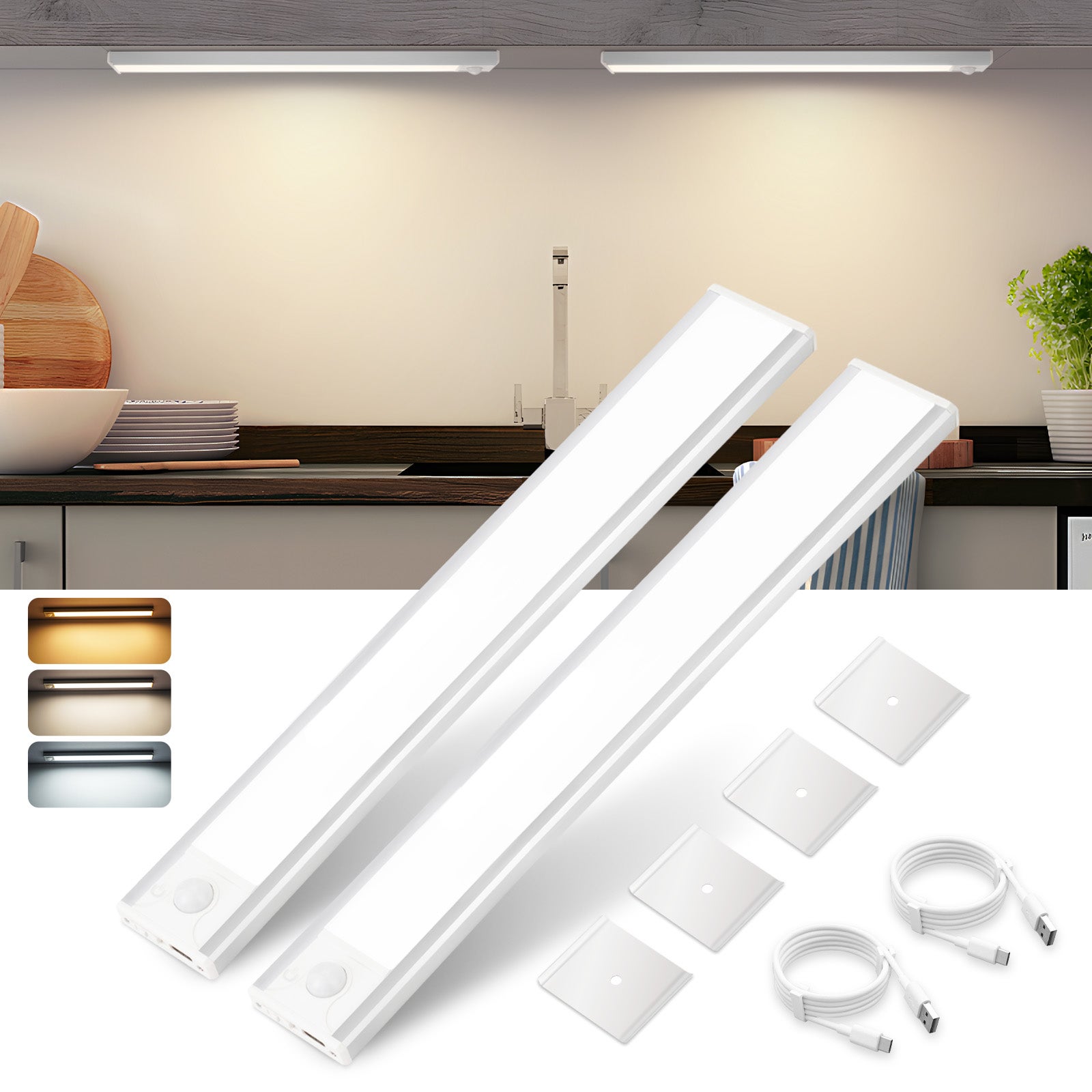 ZMH Lampa LED do szafki srebrna Zestaw 2 30cm 2W ściemnialna akumulator 1500mAh i kabel ładujący USB odpowiednia do biur i klatek schodowych