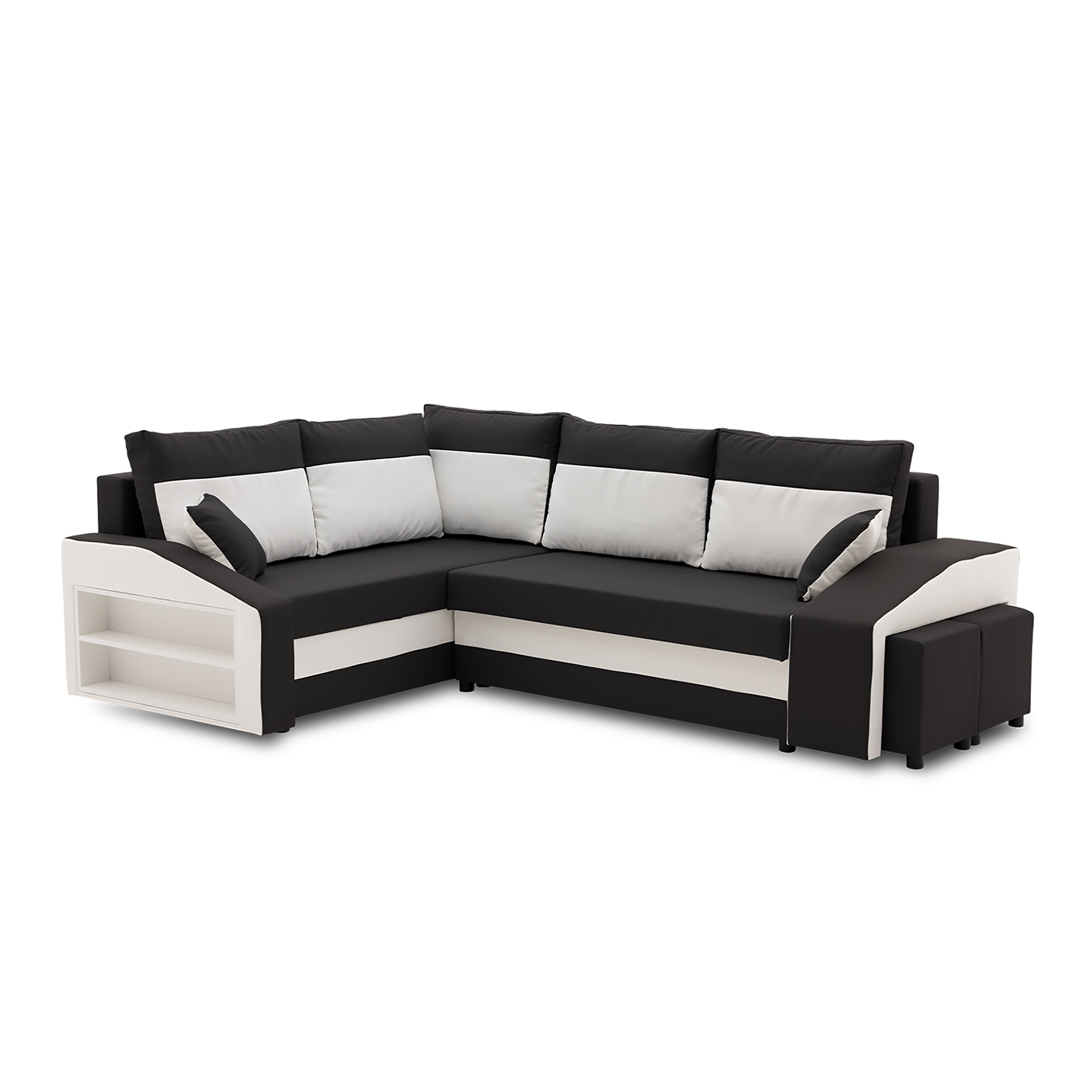 Narożnik, lewy, półka, pufy w prawym, LUSSO, 254x179x82 cm, czarny, biały | TYLETEGOTU