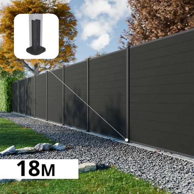 Kit Clôture Composite RIO Anthracite 18x1,8m - Bois composite & Aluminium - Poteaux sur Platines Gris - Brise vue