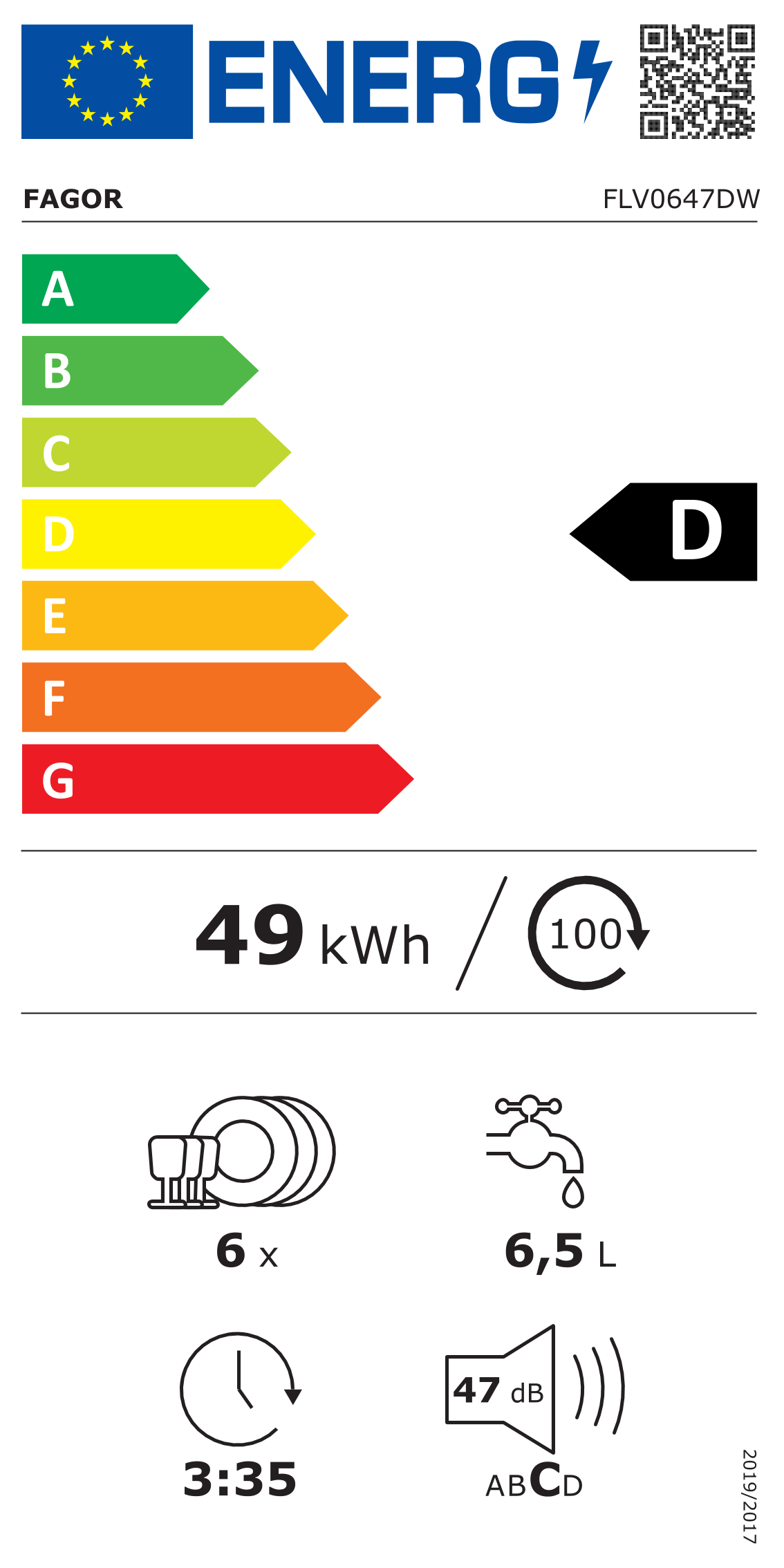 Lave-vaisselle compact 55cm 6 couverts 47db blanc - Fagor FLV0647DW - 7