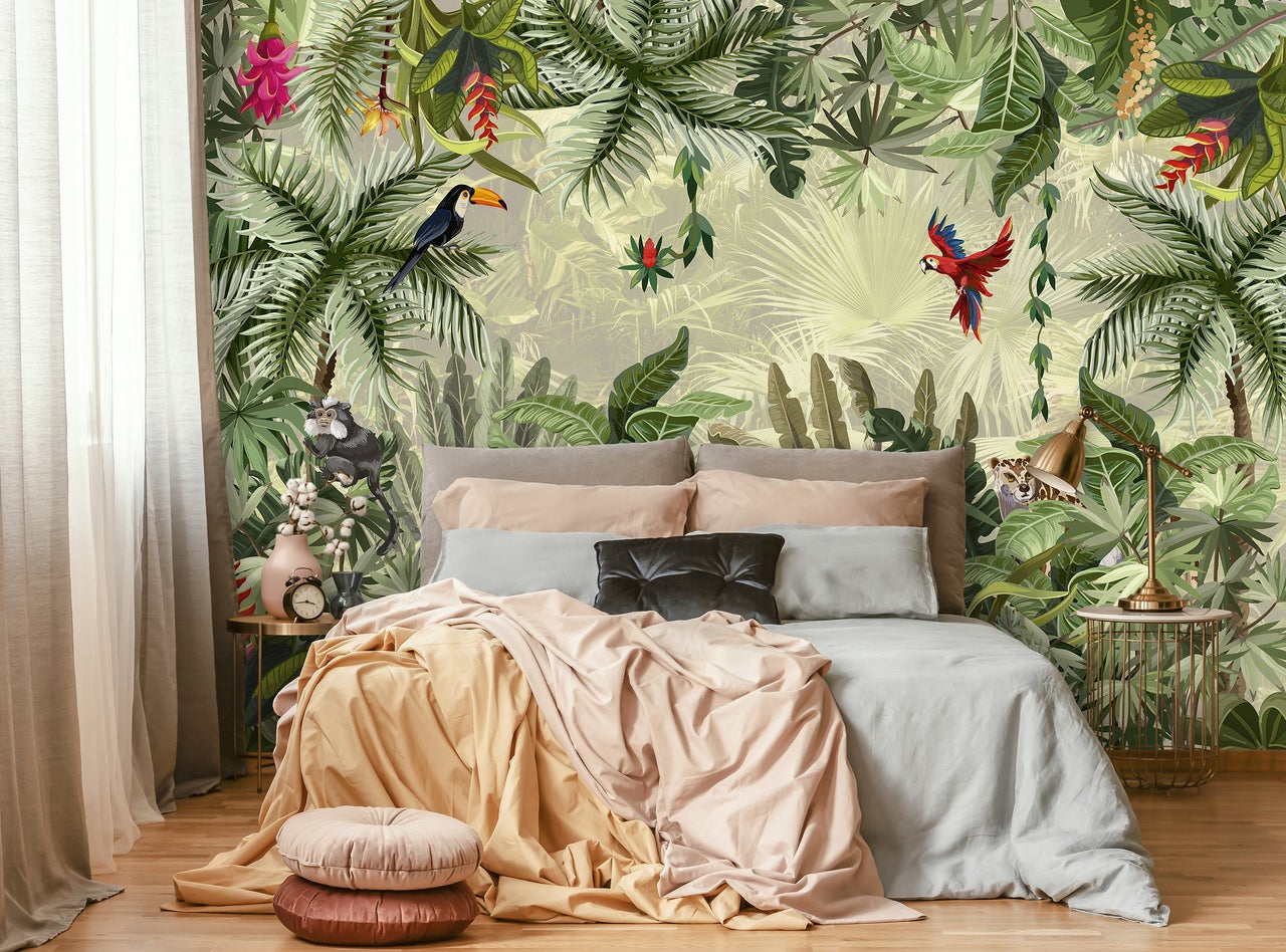 Papier Peint Intissé Panoramique Jungle Vert Fleur Feuilles Oiseaux 416x254 cm - Colle Inclus - Chambre et Salon - Moderne Trompe l'oeil - 2