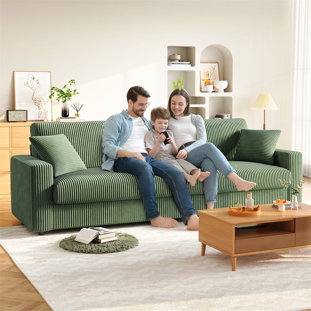 Grand Canapé 3/4 Places en Velours Côtelé Vert avec 2 Oreillers et Coussins,Canapé Modene pour le salon,254×89×88cm - 6