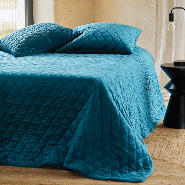 Couvre-Lit et Taies d'Oreiller en Velours Matelassé - Bleu Paon - 230x250 cm - Microfibre/Polyester/Velours
