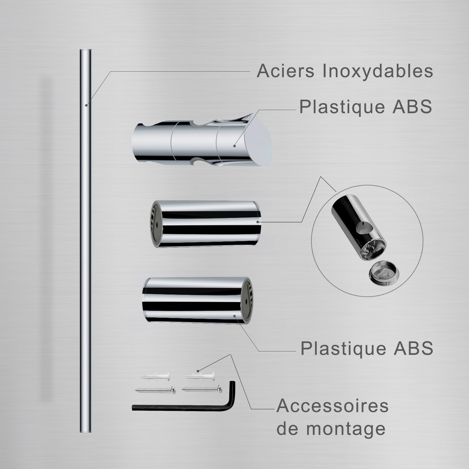Barre de douche Chromé 70cm, Barre de douche en acier inoxydable avec Support de pommeau de douche pivotant à 360° - Fixations murales ajustables - 7
