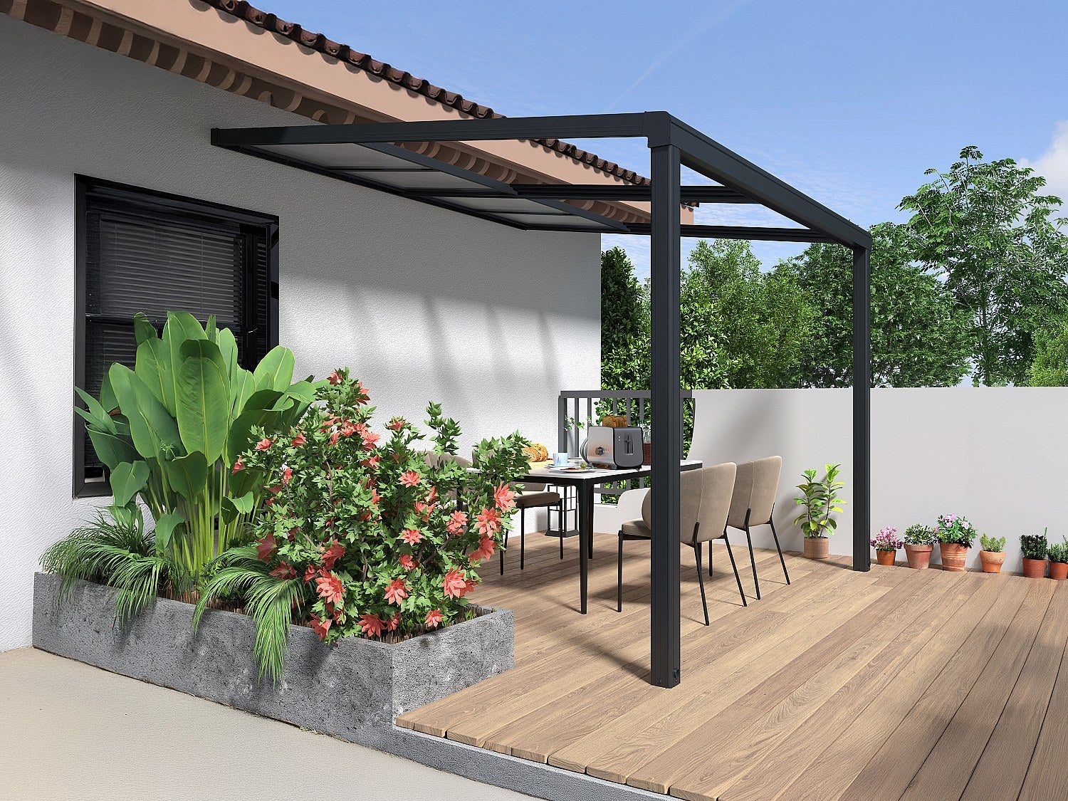 Pergola przyścienna z rozsuwanym dachem - 9 m² - antracytowy - IZEDA