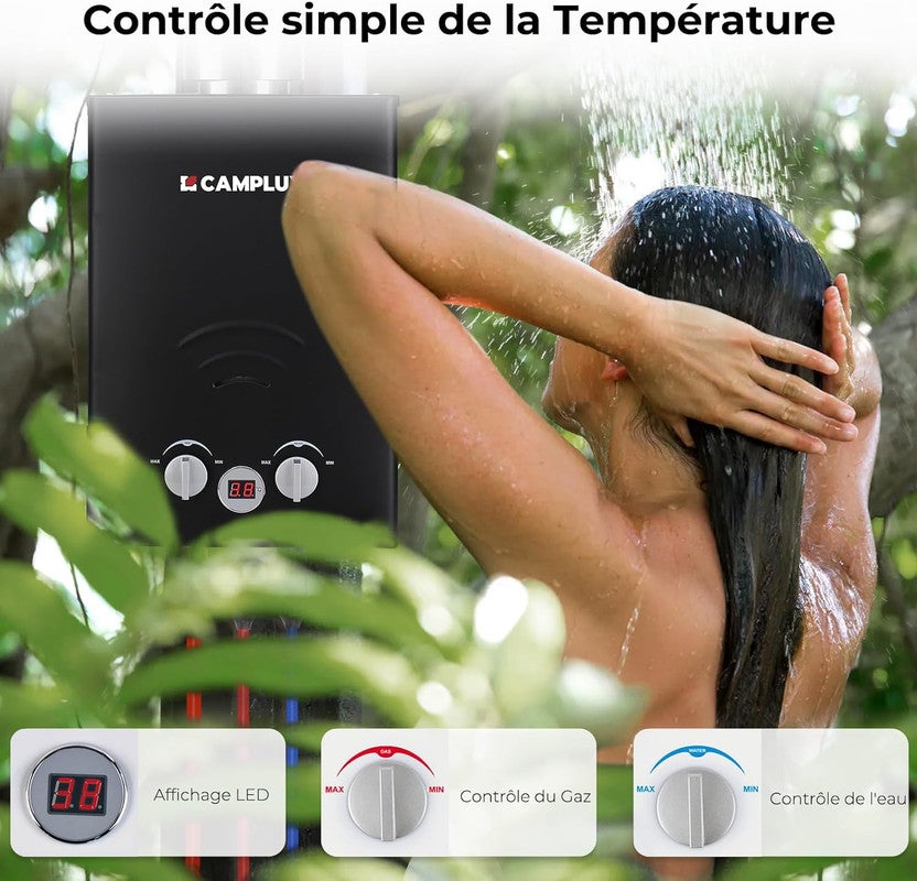 CAMPLUX BW158BC Chauffe-eau à Gaz de 6L/min Avec Housse de pluie, Chauffe-eau instantanés Noir 11KW au gaz propane/butane 30/37mbar - 3