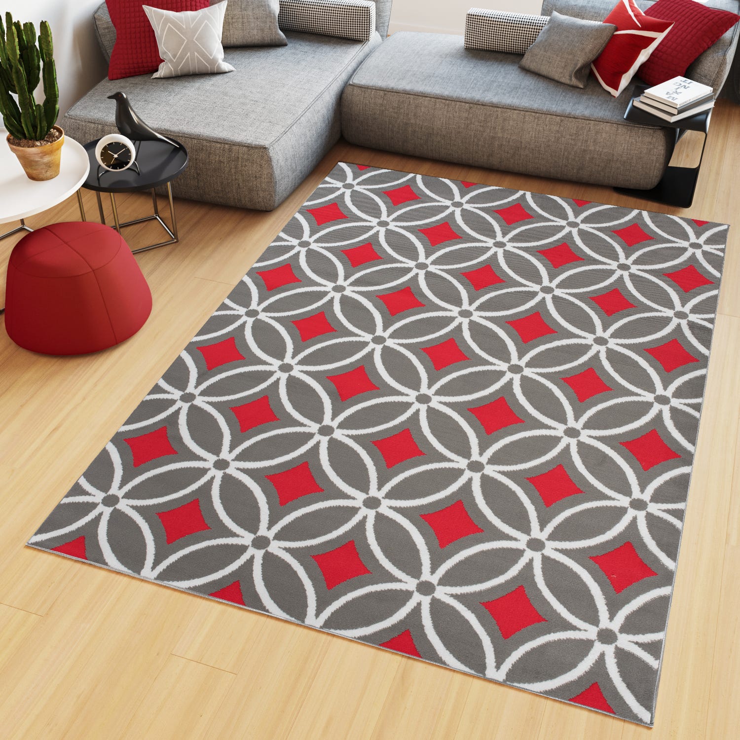 TAPISO Maya Tapis Salon Rouge Gris Blanc Losanges Géométrique Mosaïque ...