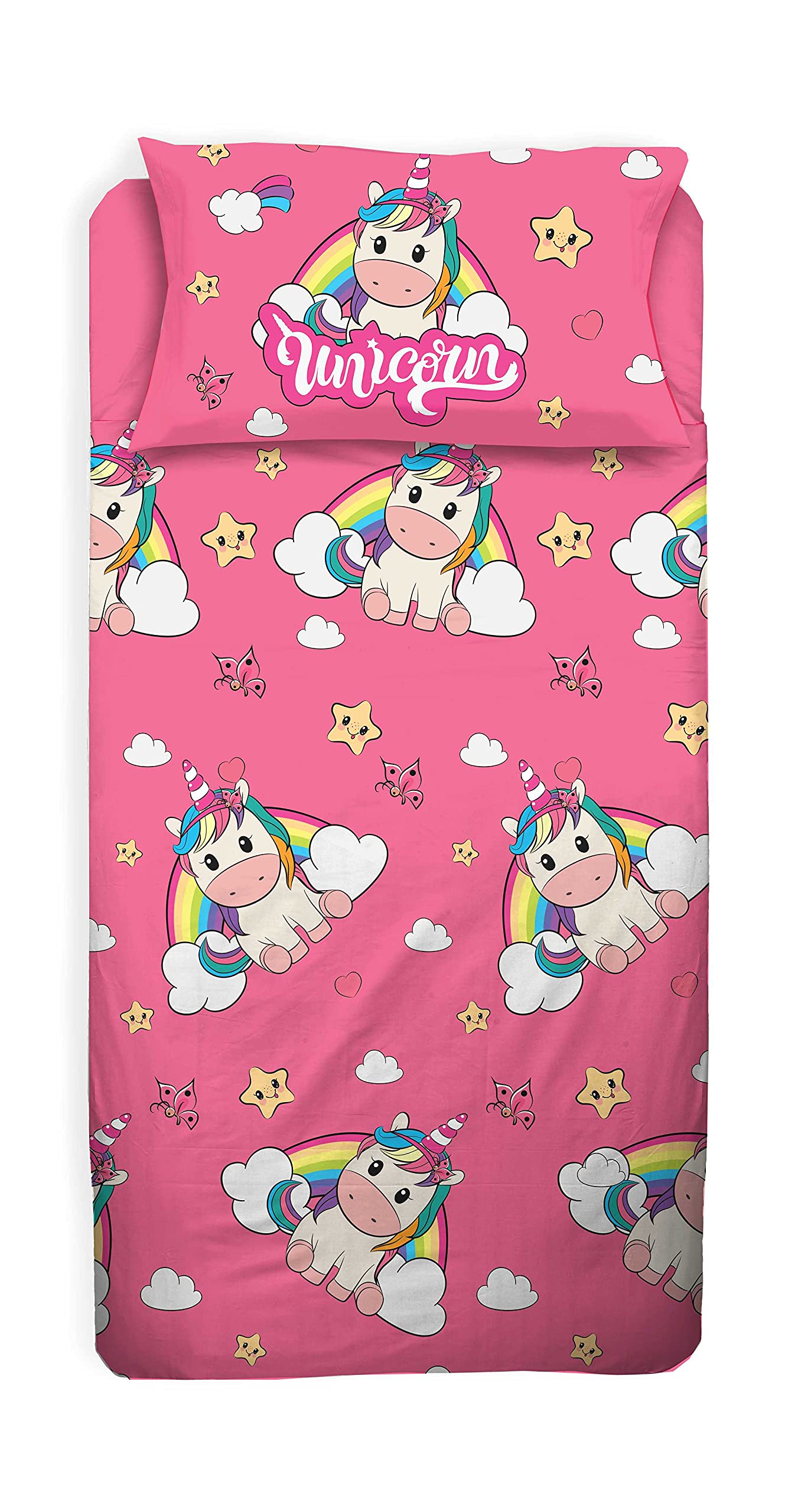 Unicorno, lenzuolo letto singolo bambina, completo letto, rosa, lenzuolo sopra, lenzuolo con angoli, federa, 100 percento cotone, lenzuola cameretta