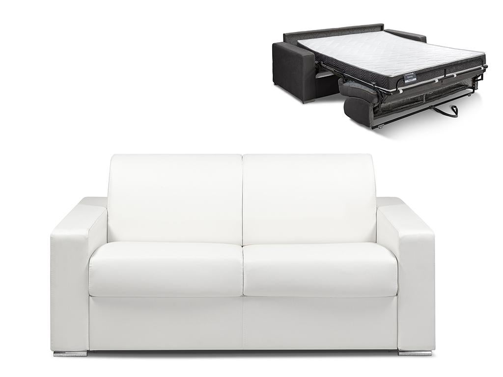 Kanapa 2-osobowa z ekspresowym mechanizmem rozkładania z ekoskóry CALITO - Biały - Wymiary miejsca do spania: 120 cm - Materac 16 cm z pamięcią