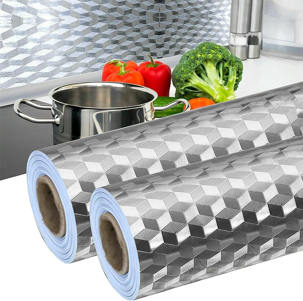 Zestaw 2 rolek tapety aluminiowej - 40 cm x 5 m - Wodoodporna naklejka - Wytrzymała - Do kuchni, ścian kuchennych (Faktura rombu)