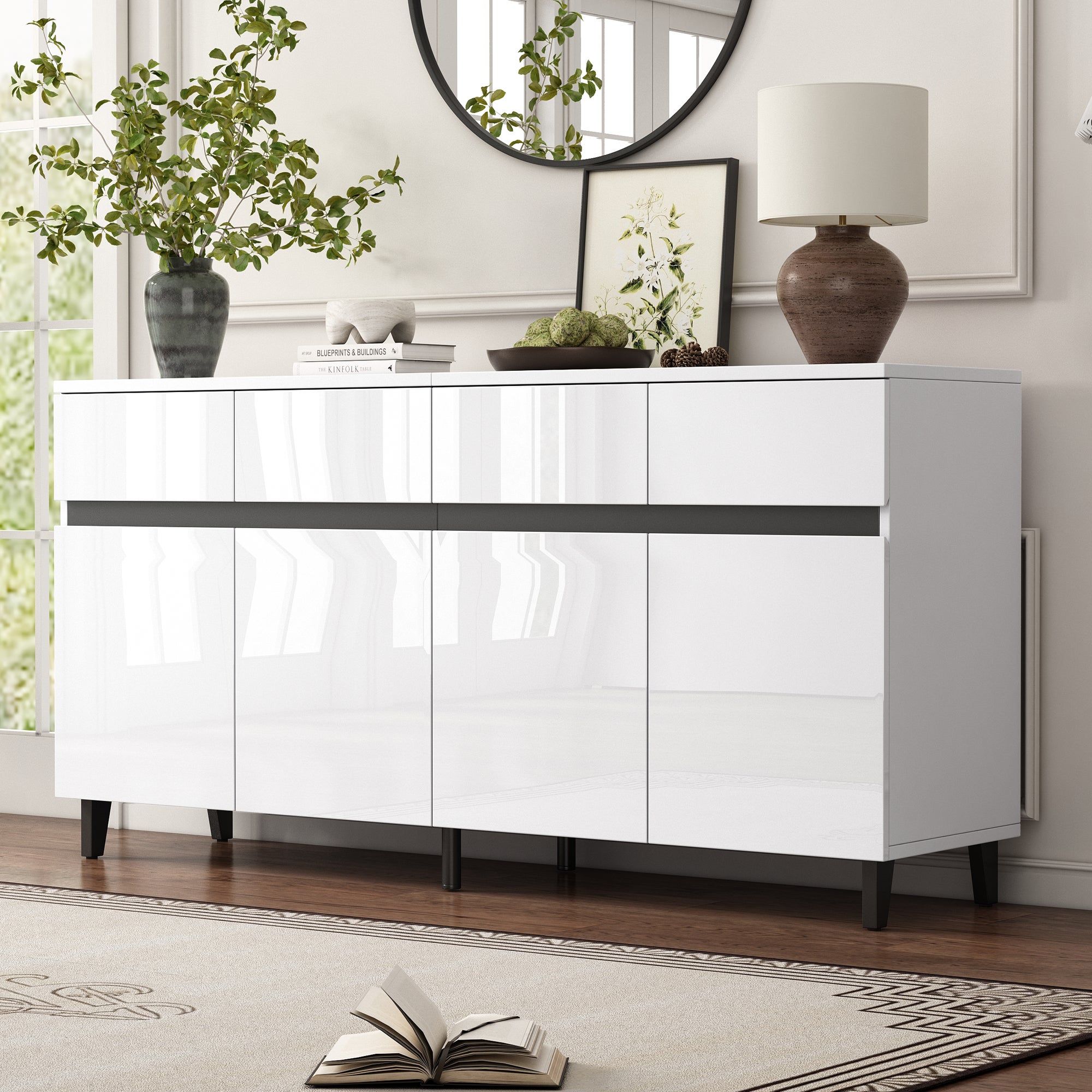 Komoda niska z 4 drzwiami i 4 szufladami - 160 x 40 x 68 cm - Płyta wiórowa - Regulowane półki - Biały połysk