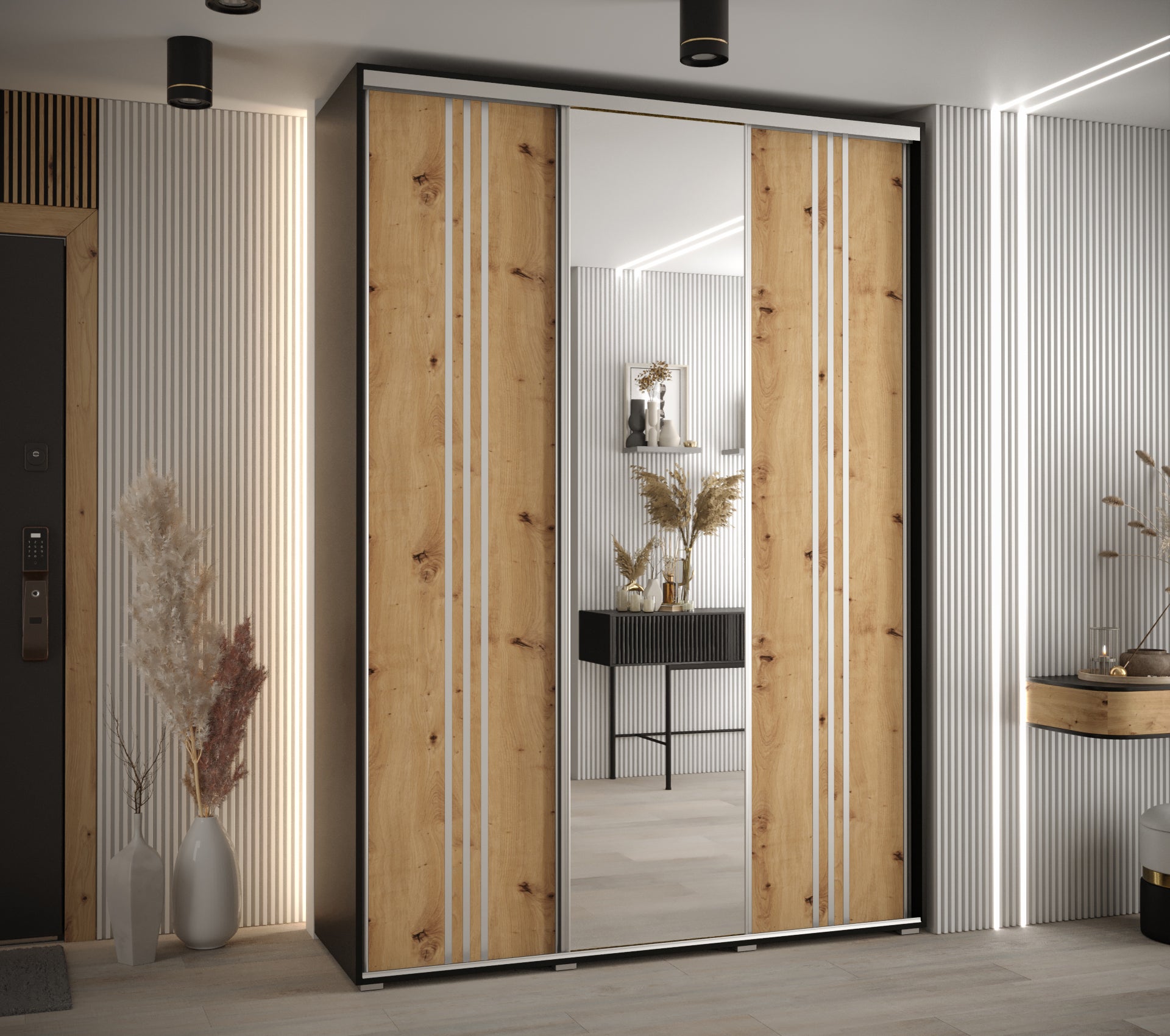 Szafa przesuwna z lustrem wysoka Davos 7 180 x 60 x 235,2 cm czarny + artisan + u. srebrny - Abiks Meble - 2