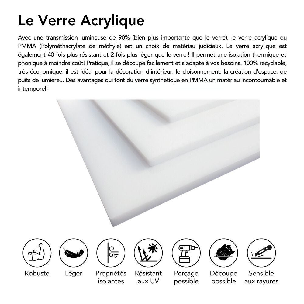 Plaque verre acrylique blanc 2 mm - 20 x 120 cm (200 x 1200 mm) - Verre synthétique - Plaque PMMA XT - 3