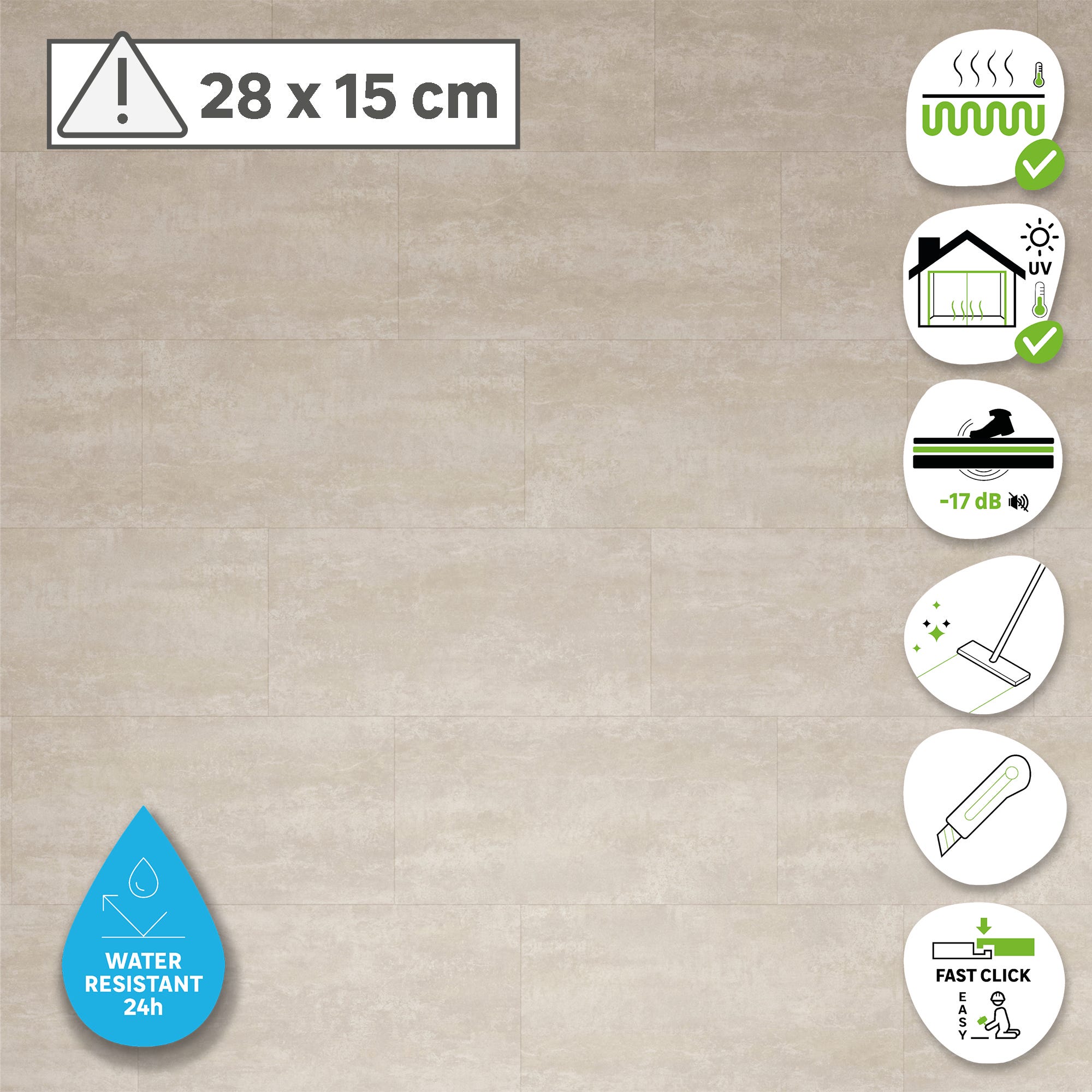 ARTENS - Échantillon de dalle PVC - 28 x 15 cm - Sol PVC à clipser SIBAI avec sous-couche intégrée - INTENSO EXTREM - Effet béton beige - Epaisseur - 3