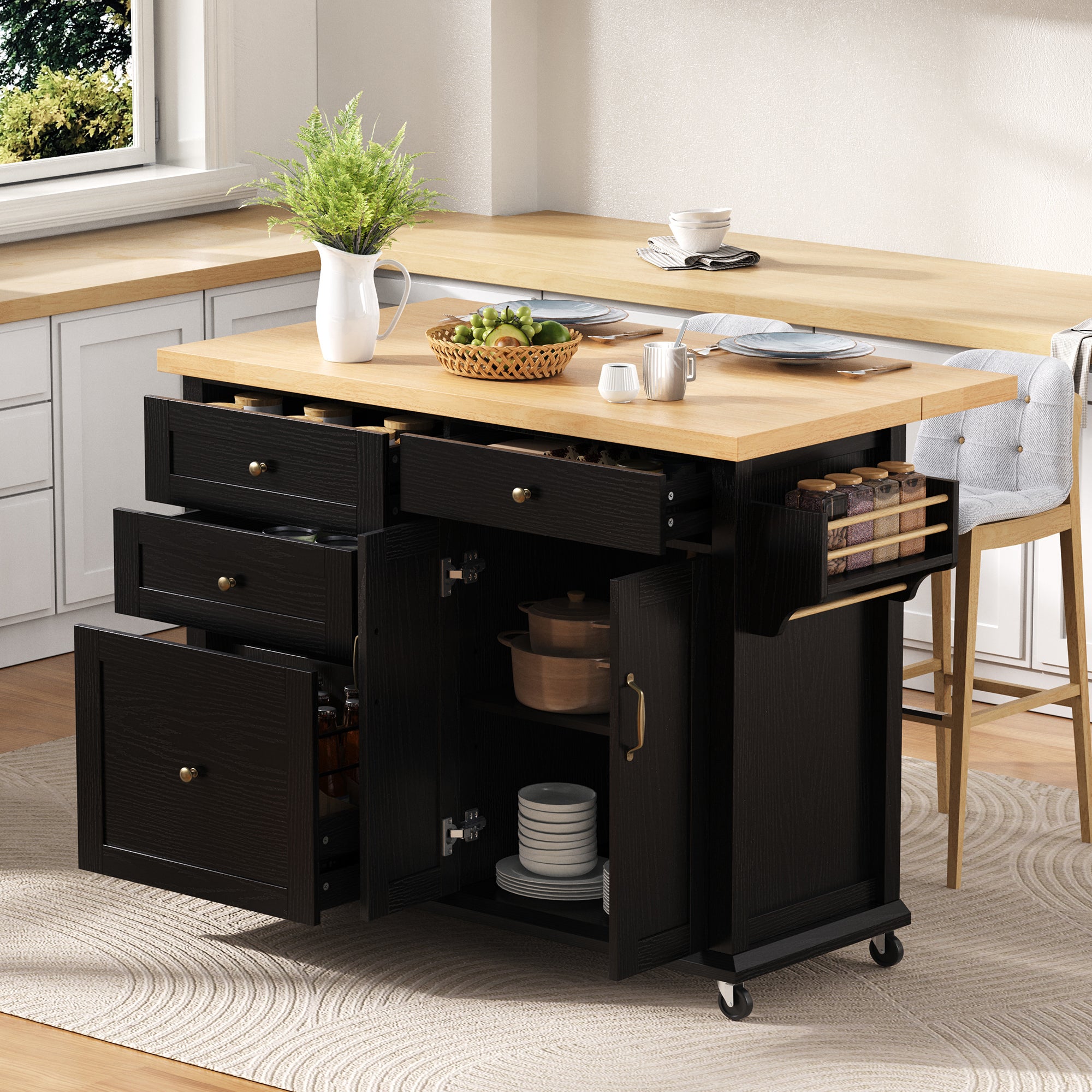 Desserte de Cuisine 107x45-70x90,5 cm - Avec 4 Tiroirs et 2 Portes ...