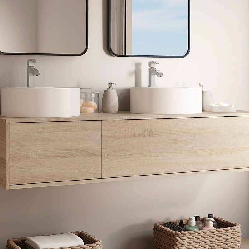 Wisząca szafka z podwójną umywalką do łazienki, w jasnym, naturalnym kolorze - L150 cm - ISAURE II