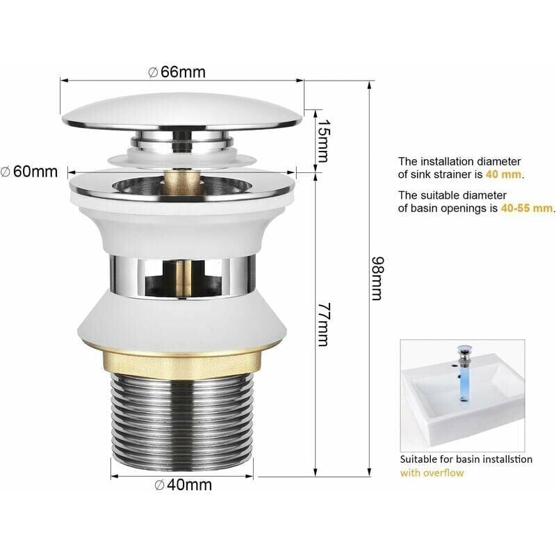 Universel Bonde Lavabo avec Trop-plein Pop-Up Automatique Push Open Click Clack pour Salle de Bain 1-1/4 en Laiton Chromé - 3