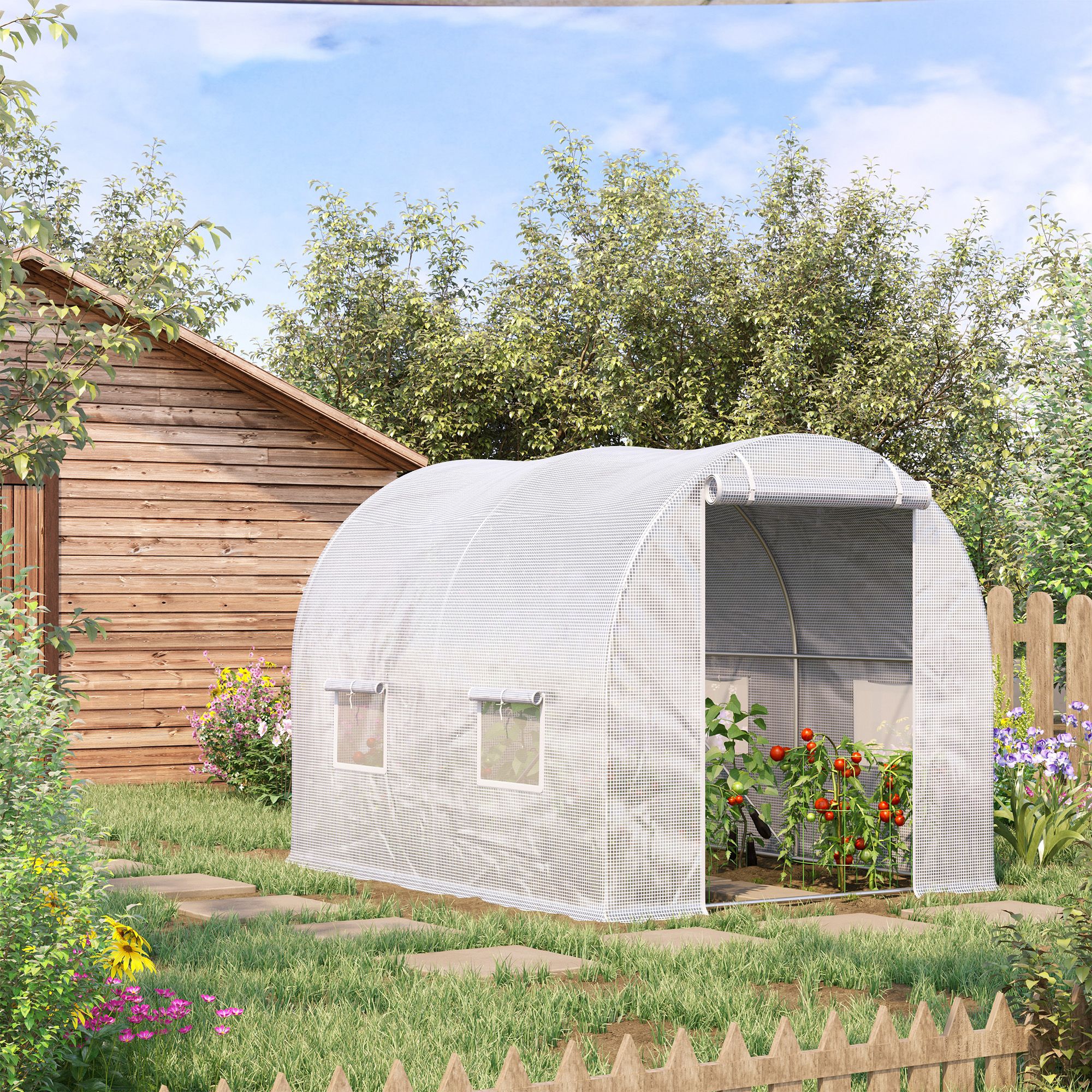 Serre de Jardin Tunnel 6 m² 3L x 2l x 1,9H m Acier galvanisé renforcé diamètre 2,4 cm + PE Haute densité fenêtres Porte Blanc - 3