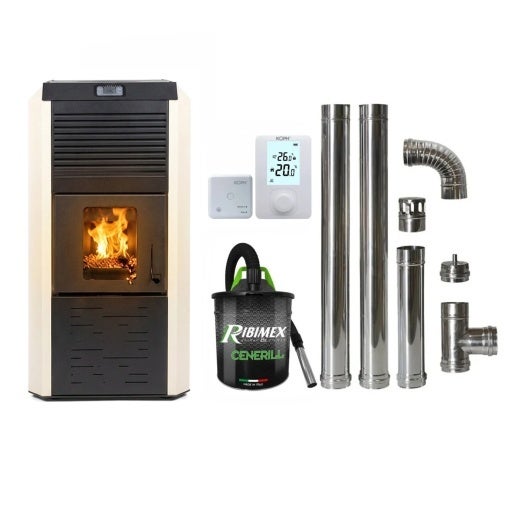 Pachet economic - Termosemineu cu peleti Termax Kamin ECO, 30 kW, 220 mp, buncar peleti 55 kg, diametru cos fum ⌀80 mm, Crem