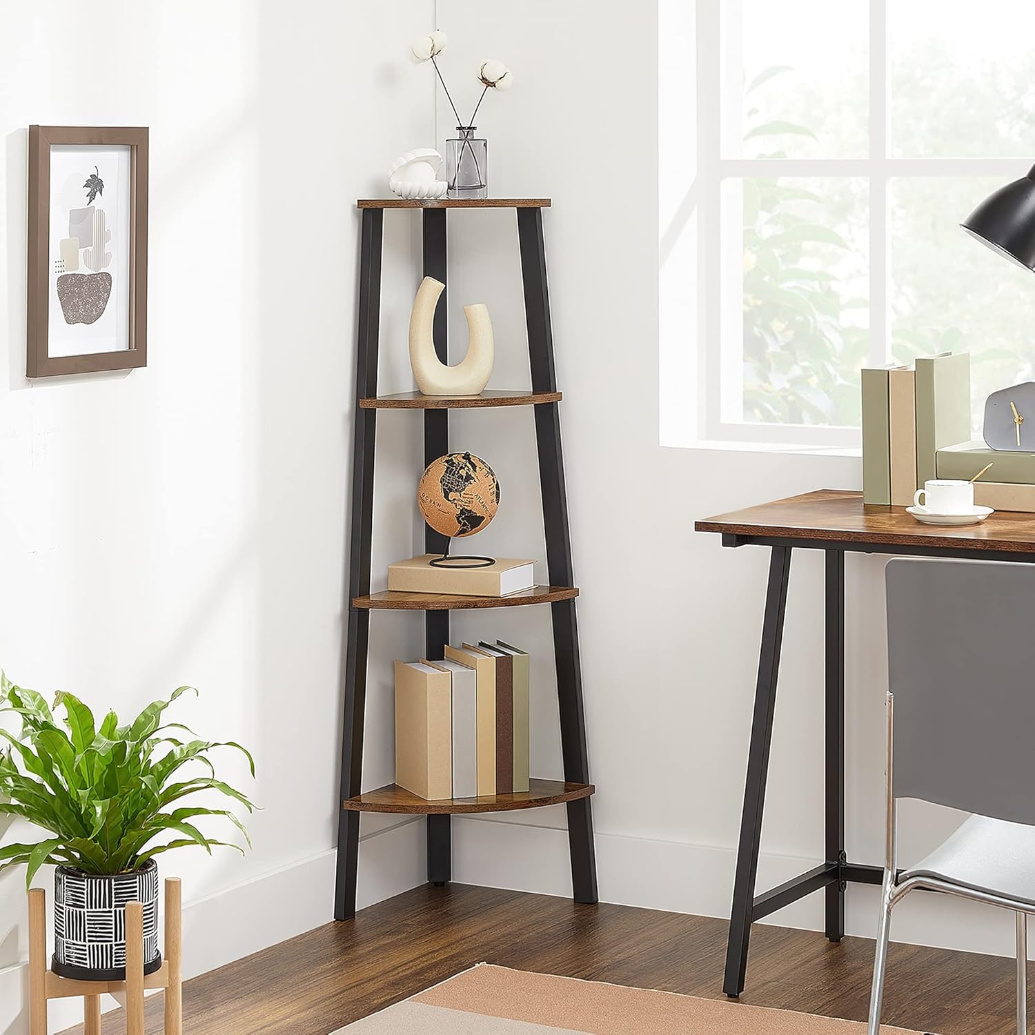 Libreria Angolare A L 4 Ripiani In Stile Industriale, Scaffale Regolabile In Legno E Metallo, Design Vintage Per Soggiorno, Camera Da Letto, Ufficio - Marrone E Nero - 2