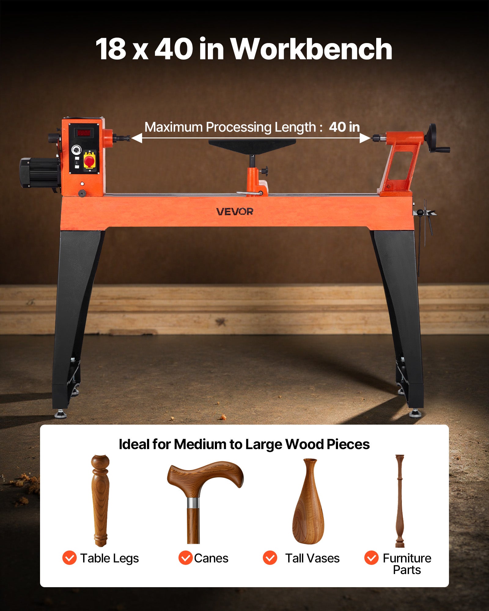 Torno de Madeira Elétrico VEVOR 1500 W, 45,7x102 cm, Motor DC sem Escovas, 0–3200 rpm, Corpo em Ferro Fundido, com Pés, Projetos Médios/Grandes - 3