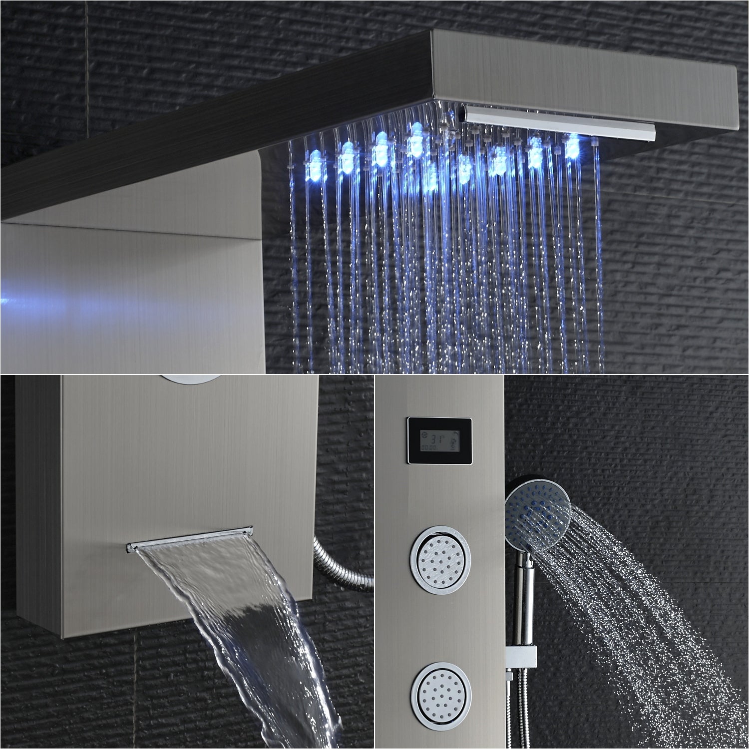 Panneau Douche LED LCD Indicateur de température Colonne Douche Hydromassante Panneau Douche en Acier Inox Brossé avec 3 Jets de Massage,EU Modèle - 2