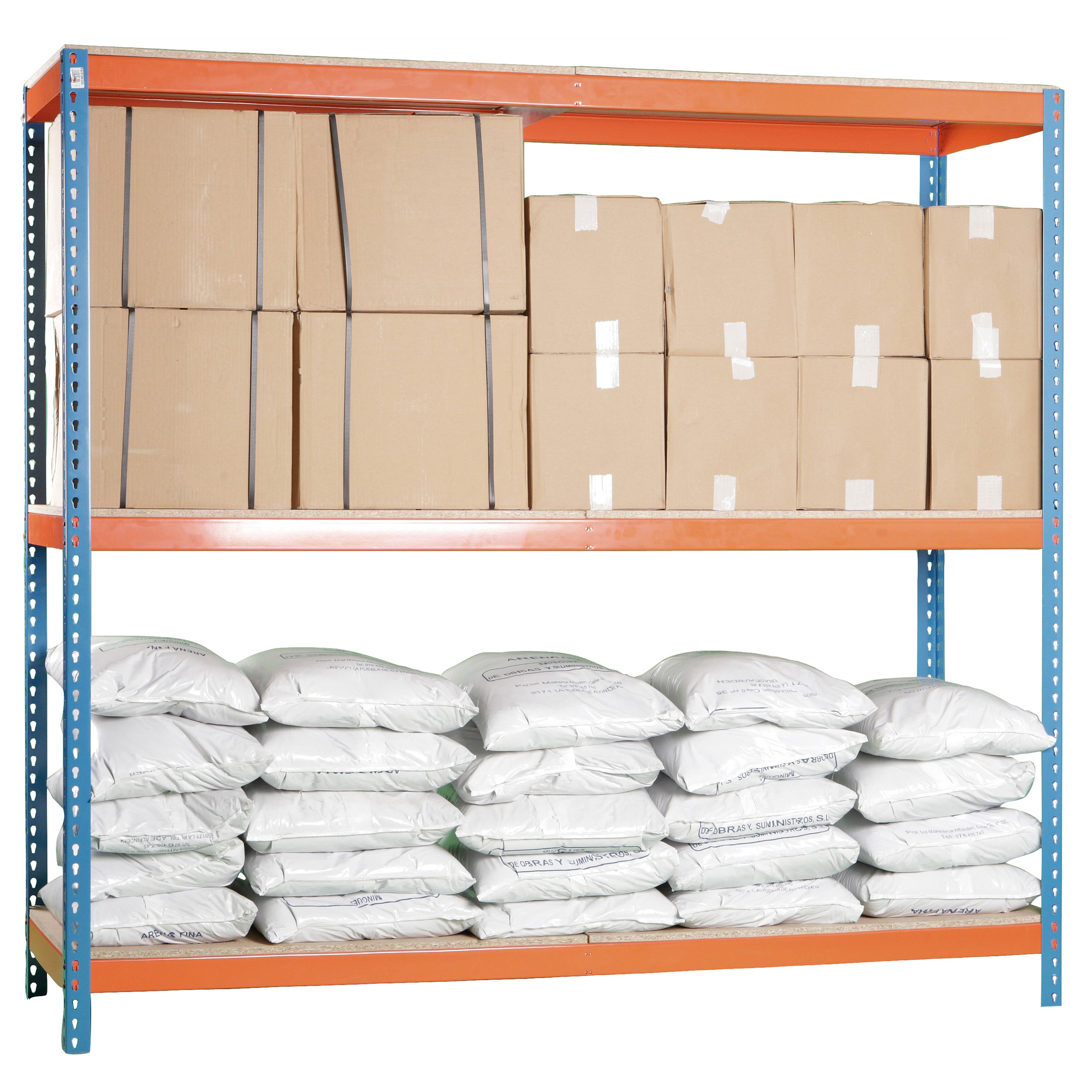 SimonRack Rayonnage Industriel 2000x2400x600, 3 Niveaux en Bois, 400 kg par Niveau, Structure Acier 1,6 mm, Bleu/Orange/Bois - Simonforte - 4