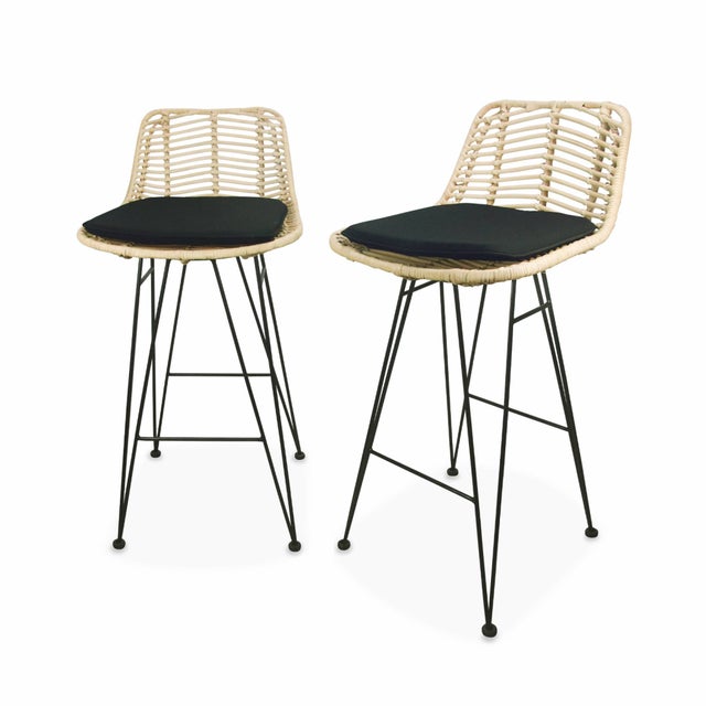 Taburete de bar de metal y ratán, set de 2 Negro - 42.5x48x90 cm